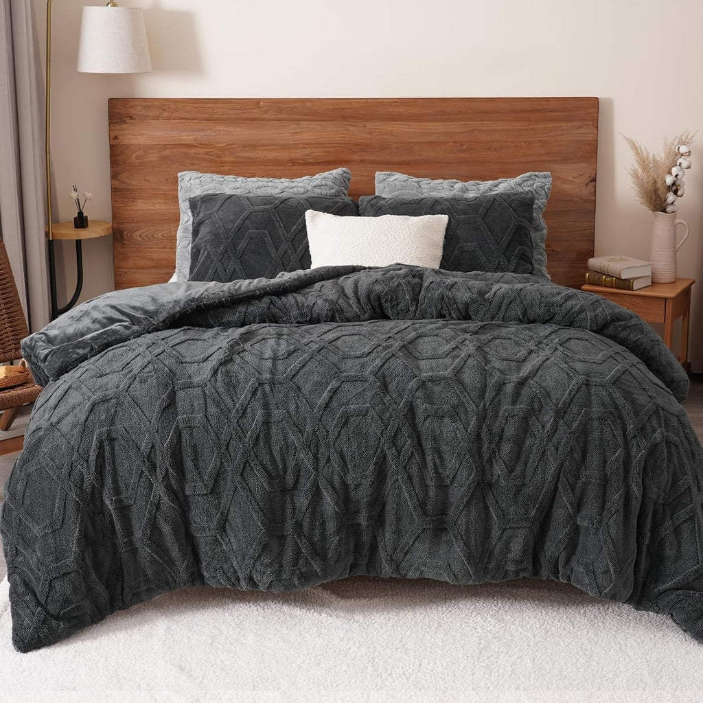 All-Season Warm Sherpa Fleece Queen Comforter Set, 3D Tufted Fluffy Dark Grey Bedding for Winter, Soft 3 Pieces Shaggy Bed Set, ... - Luxurious Quilted Duvet Cover Set - Default Title