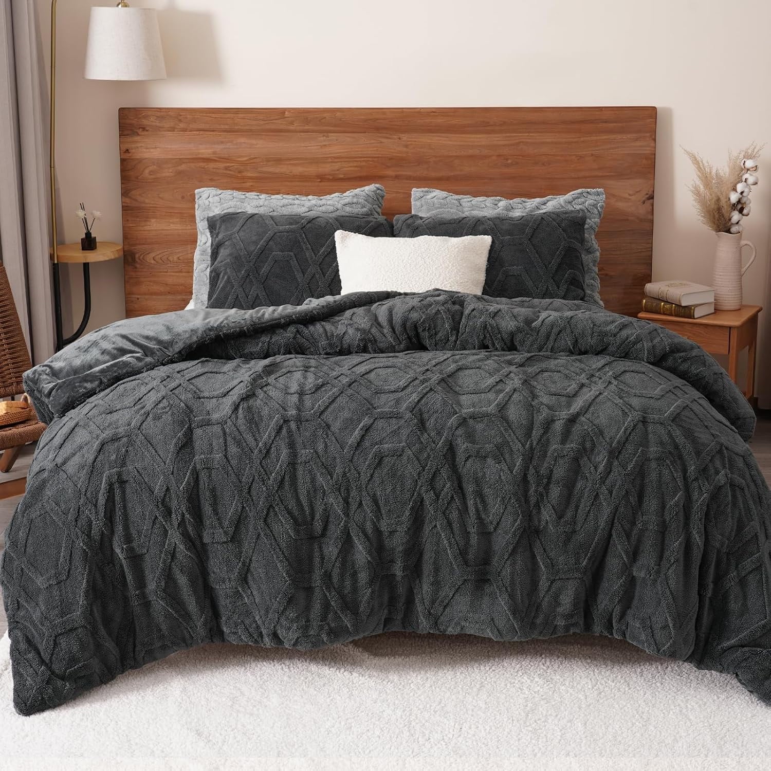All-Season Warm Sherpa Fleece Queen Comforter Set, 3D Tufted Fluffy Dark Grey Bedding for Winter, Soft 3 Pieces Shaggy Bed Set, ... - Luxurious Quilted Duvet Cover Set - Default Title