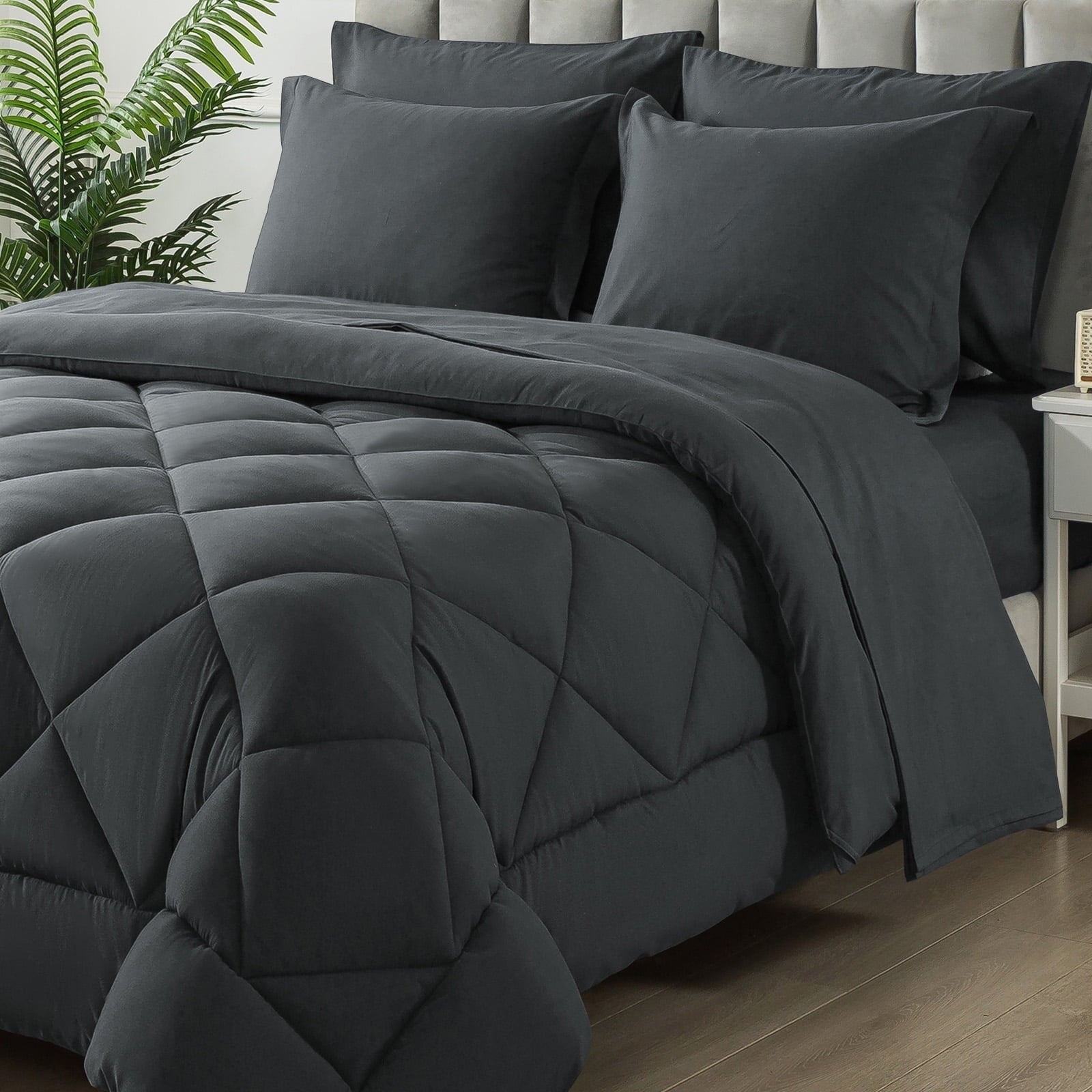 Hypoallergenic Cloud Queen Bed in a Bag Comforter Set with 7 Pieces - Dark Gray All Season Bedding Sets with Comforter, Pillow Shams, Flat... - Hypoallergenic Ultra-Fluffy Quilt for Winter - Default Title
