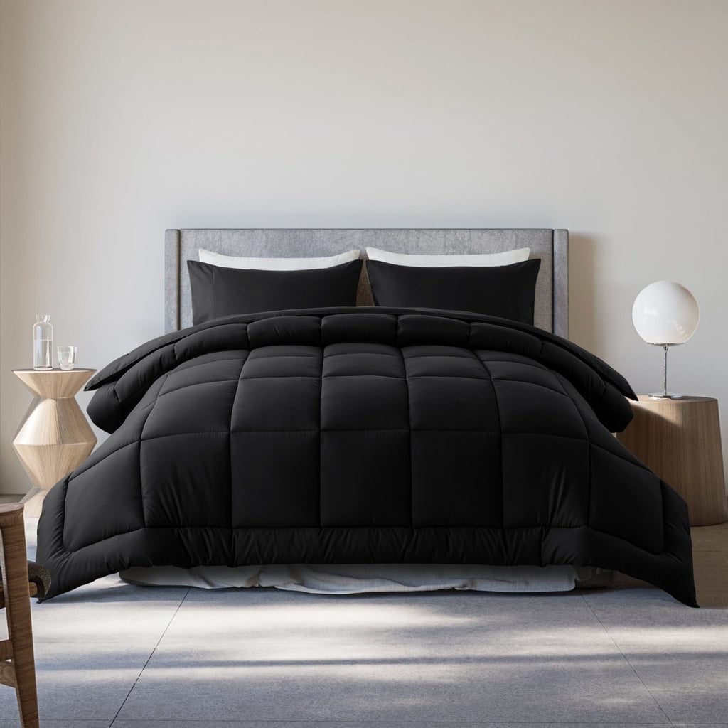 Hypoallergenic Cloud Queen Size 3-Piece All-Season Down Alternative Comforter Set Deep Black (Comforter and Pillowcase Bedding Set / bed i... - Luxurious Quilted Duvet Cover Set - Default Title