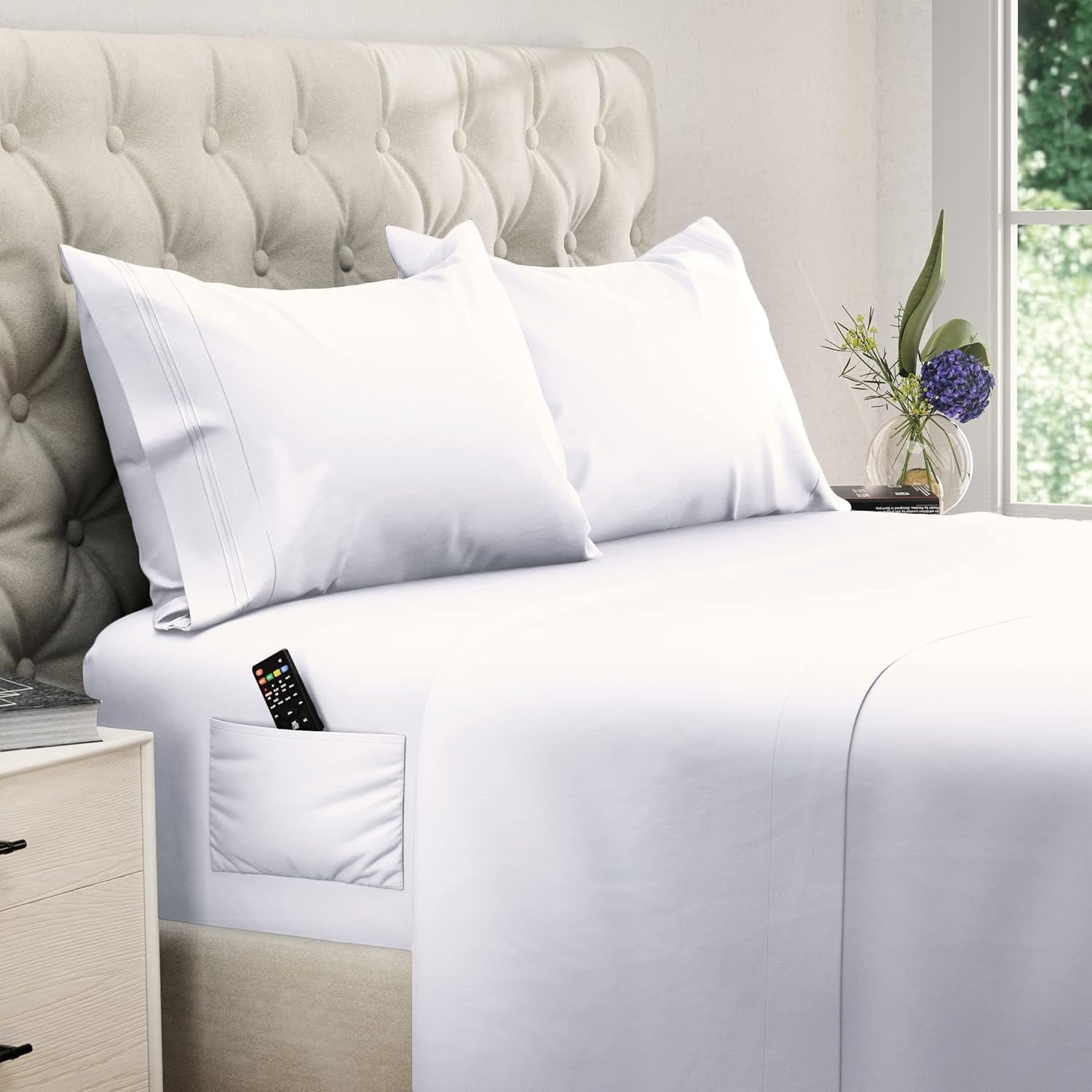 Premium Egyptian Cotton Set, Soft Microfiber 4 Piece Hotel Luxury Bed s with Deep Pockets, Embroidered Pillow Cases, Side Storage Pocket Fitt... - Luxury Bed Sheet Set with Deep Pockets - Default Title