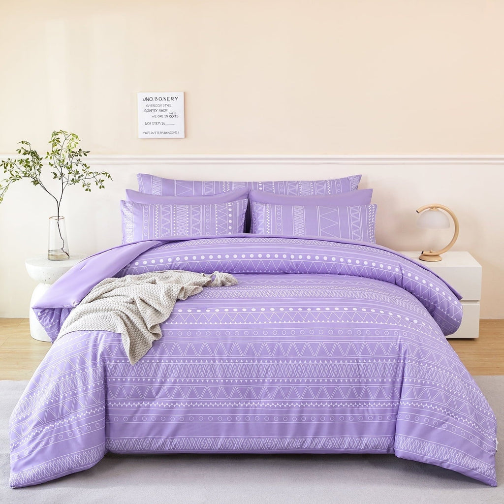 Hypoallergenic Cloud 8-Pieces Boho Bedding Set Full Lavender Striped Bed in a Bag for Girls Women Soft Fluffy Purple Comforter Set with Sh... - Luxurious Quilted Duvet Cover Set - Default Title