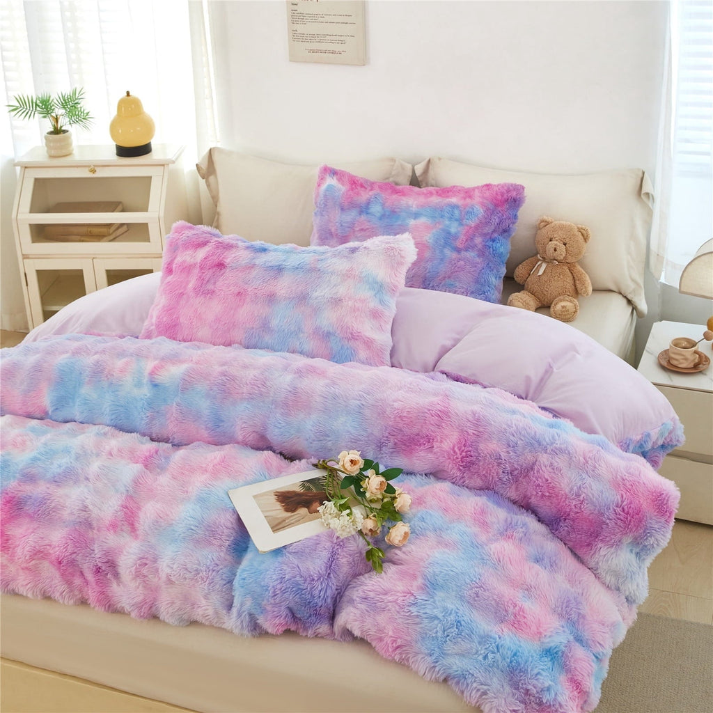 Luxurious Quilted Faux Rabbit Fur Comforter Set Twin 3Pcs Girls Blue Purple Bedding Set Tie-Dyeing Soft Bed Comforter Set Warm Fuzzy Ki... - Hypoallergenic Ultra-Fluffy Quilt for Winter - Default Title