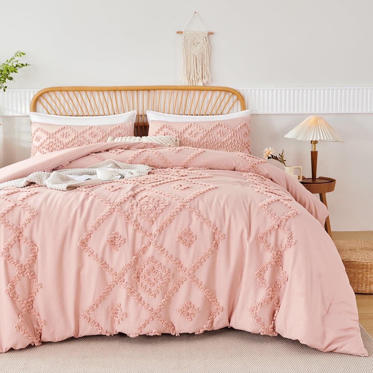 Fluffy Down Alternative Pink Diamond Jacquard Comforter Set Queen 3 Pcs Bohemian Tufts Quilt Set for Kids Girls Adult 100% Soft Microfiber Be... - Luxurious Quilted Duvet Cover Set - Default Title