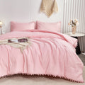 Hypoallergenic Cloud Pink Full Size Comforter Set Pom Fringe 3 Pcs Boho Chic Cute Ball Pom Blush Bedding Set Cali Soft Lightweight Solid B... - Cloud-Like Soft Lightweight Bed Comforter - Default Title