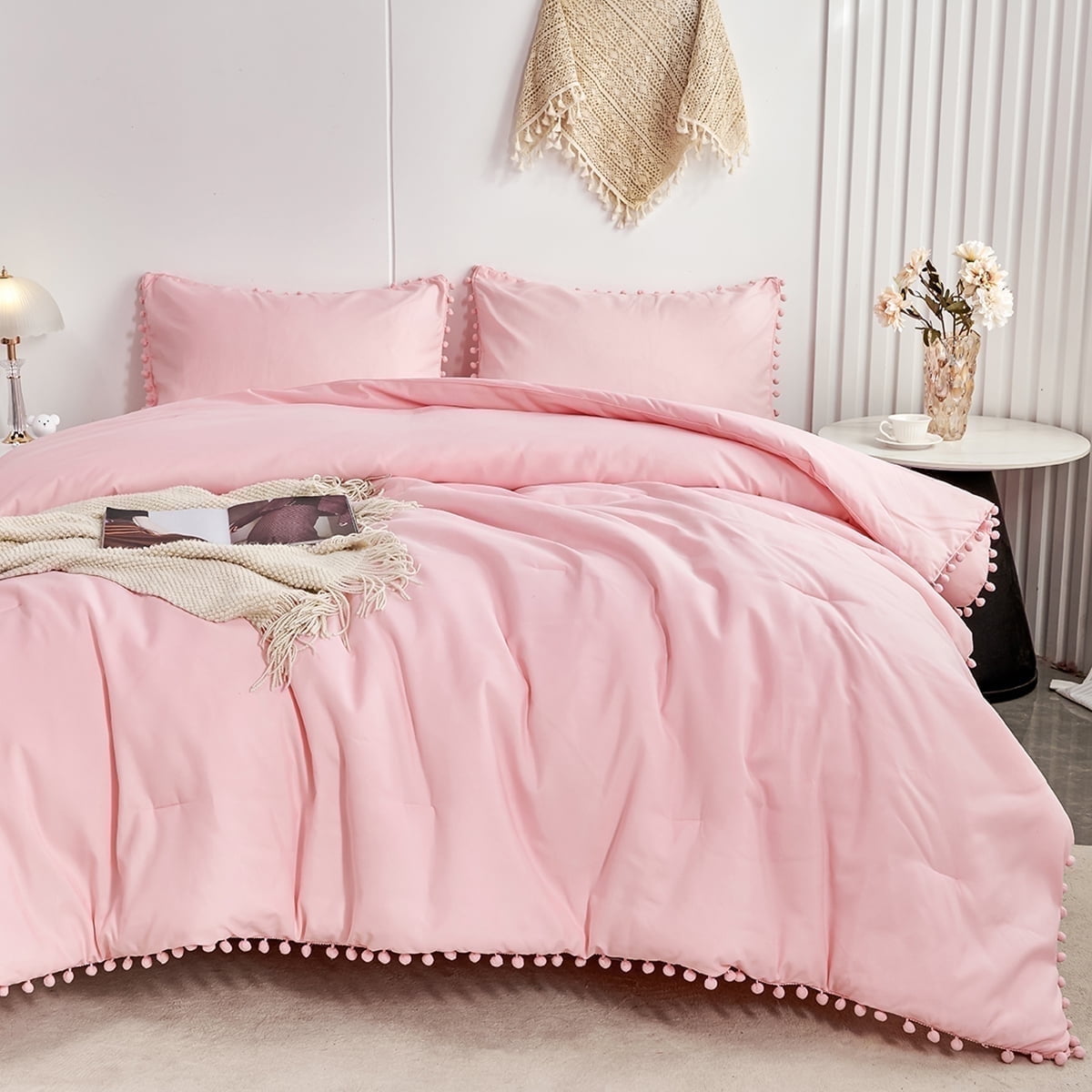 Hypoallergenic Cloud Pink Full Size Comforter Set Pom Fringe 3 Pcs Boho Chic Cute Ball Pom Blush Bedding Set Cali Soft Lightweight Solid B... - Cloud-Like Soft Lightweight Bed Comforter - Default Title