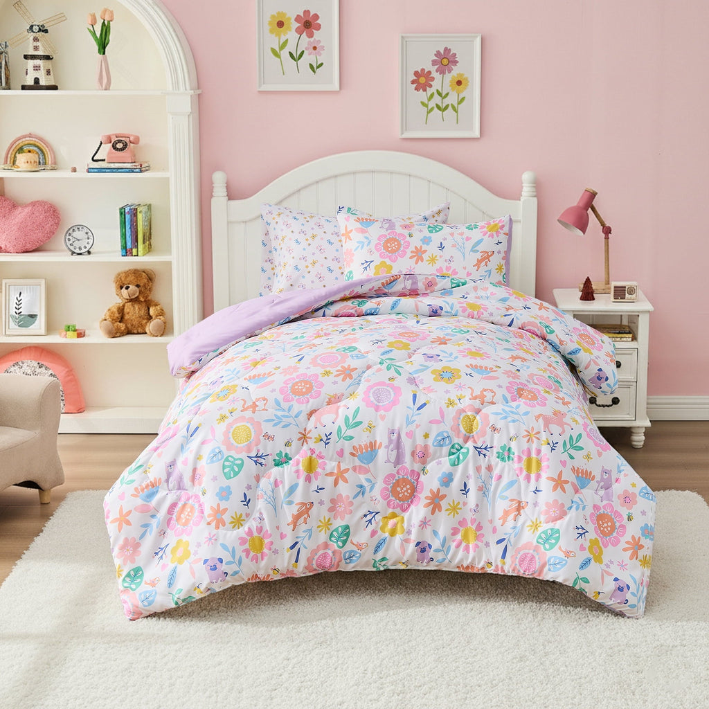 Luxurious Quilted Floral Comforter Set, Soft Microfiber Flower Bedding Set, 5 Pieces with Comforter, Sheets and Pillowcases, Twin - All-Season Down Alternative Comforter Insert - Default Title