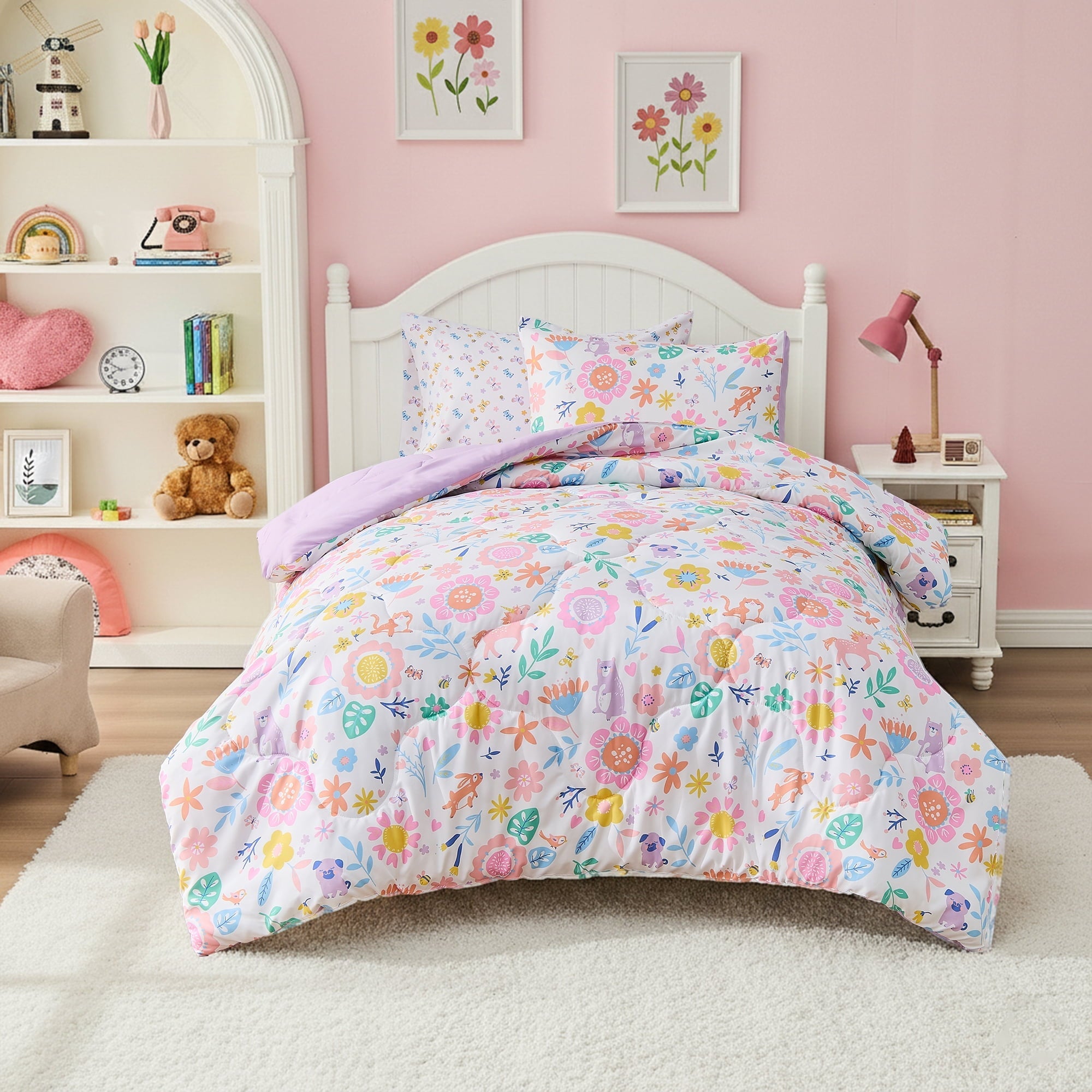 Luxurious Quilted Floral Comforter Set, Soft Microfiber Flower Bedding Set, 5 Pieces with Comforter, Sheets and Pillowcases, Twin - All-Season Down Alternative Comforter Insert - Default Title