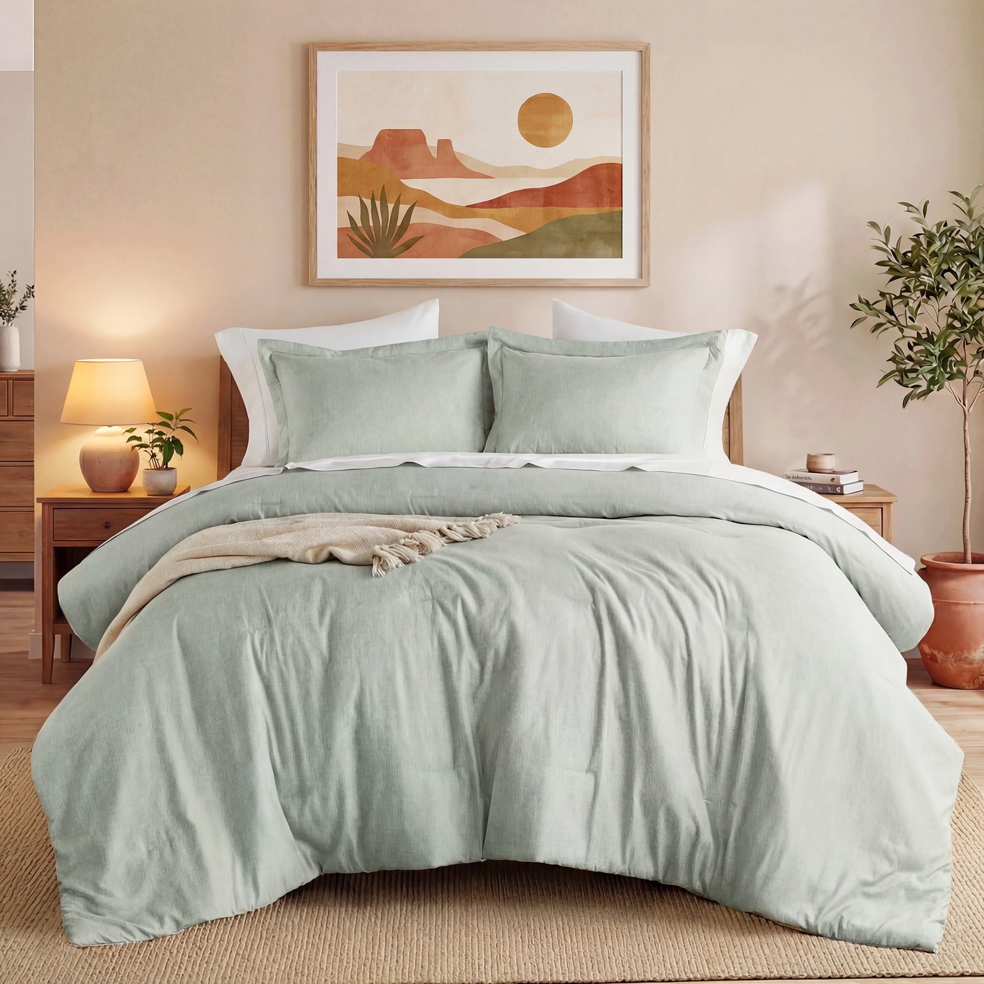 Luxurious Quilted Full/Queen Comforter Sets, Reversible 3 Piece Extra Soft Bedding Set, Chambray Print Sage Green Comforter Bed Set wit... - Hypoallergenic Ultra-Fluffy Quilt for Winter - Default Title