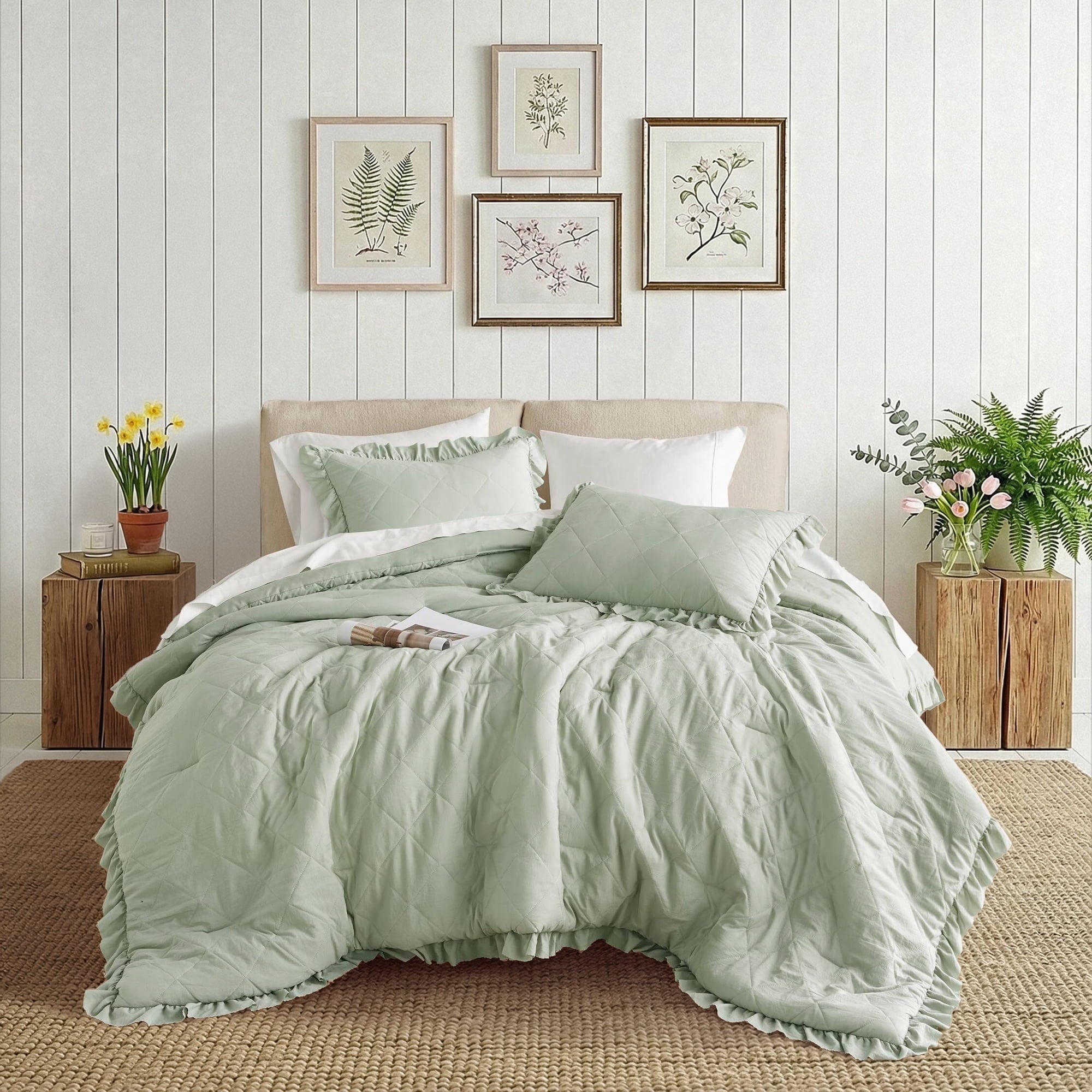 Luxurious Quilted Full/Queen Comforter Set Sage, 3 Pieces Quilted Ruffle Comforters Full/Queen Size, Solid Bedding Comforters Sets, Gif... - Hypoallergenic Ultra-Fluffy Quilt for Winter - Default Title