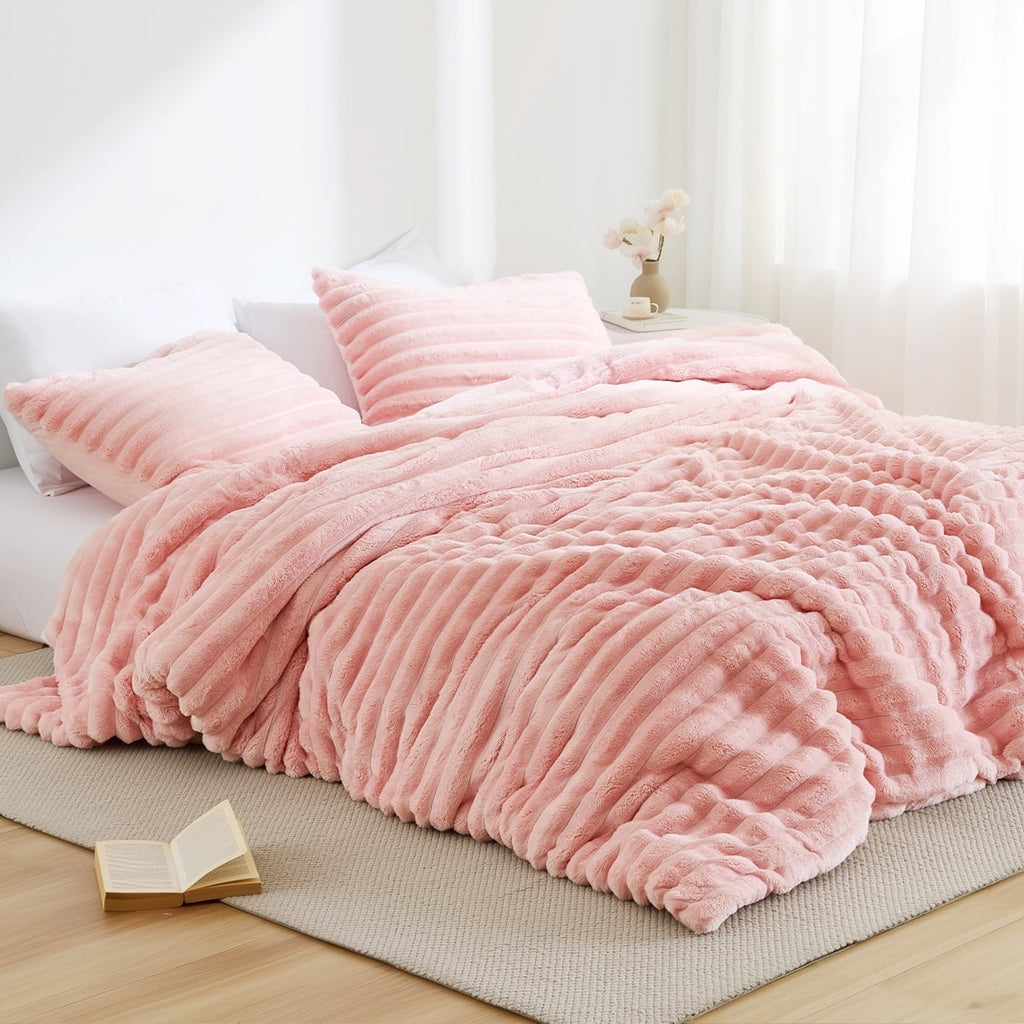 Luxurious Quilted Full/Queen Size Comforter Set, Fluffy Ribbed Plush Comforter Set, 3-Piece Bedding Set, Pink - Luxurious Quilted Duvet Cover Set - Default Title