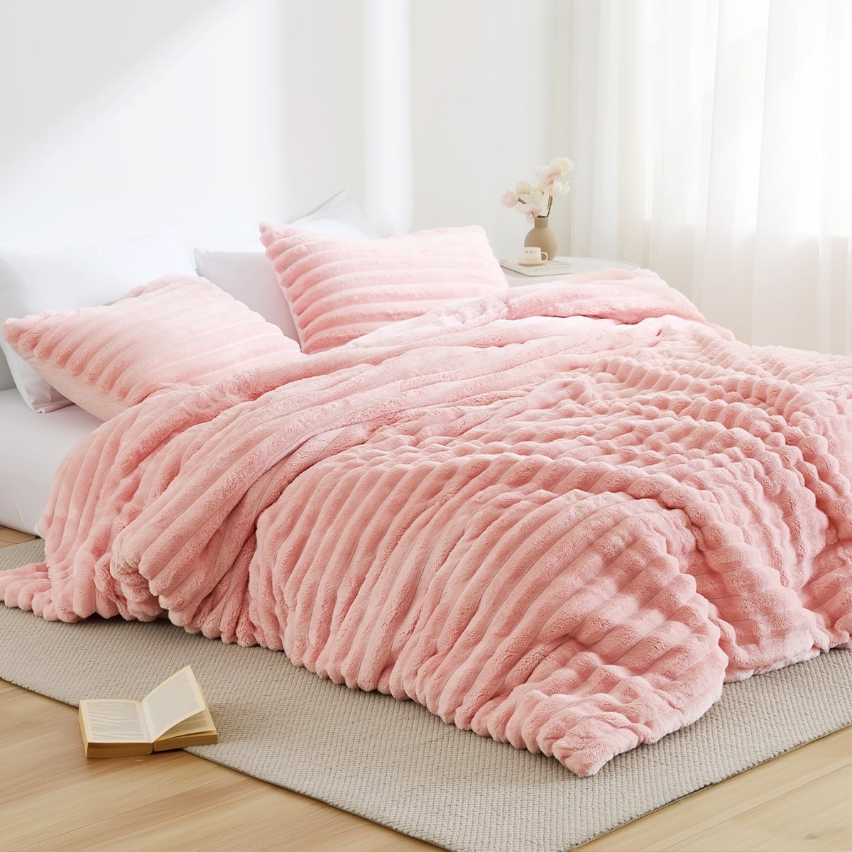 Luxurious Quilted Full/Queen Size Comforter Set, Fluffy Ribbed Plush Comforter Set, 3-Piece Bedding Set, Pink - Luxurious Quilted Duvet Cover Set - Default Title