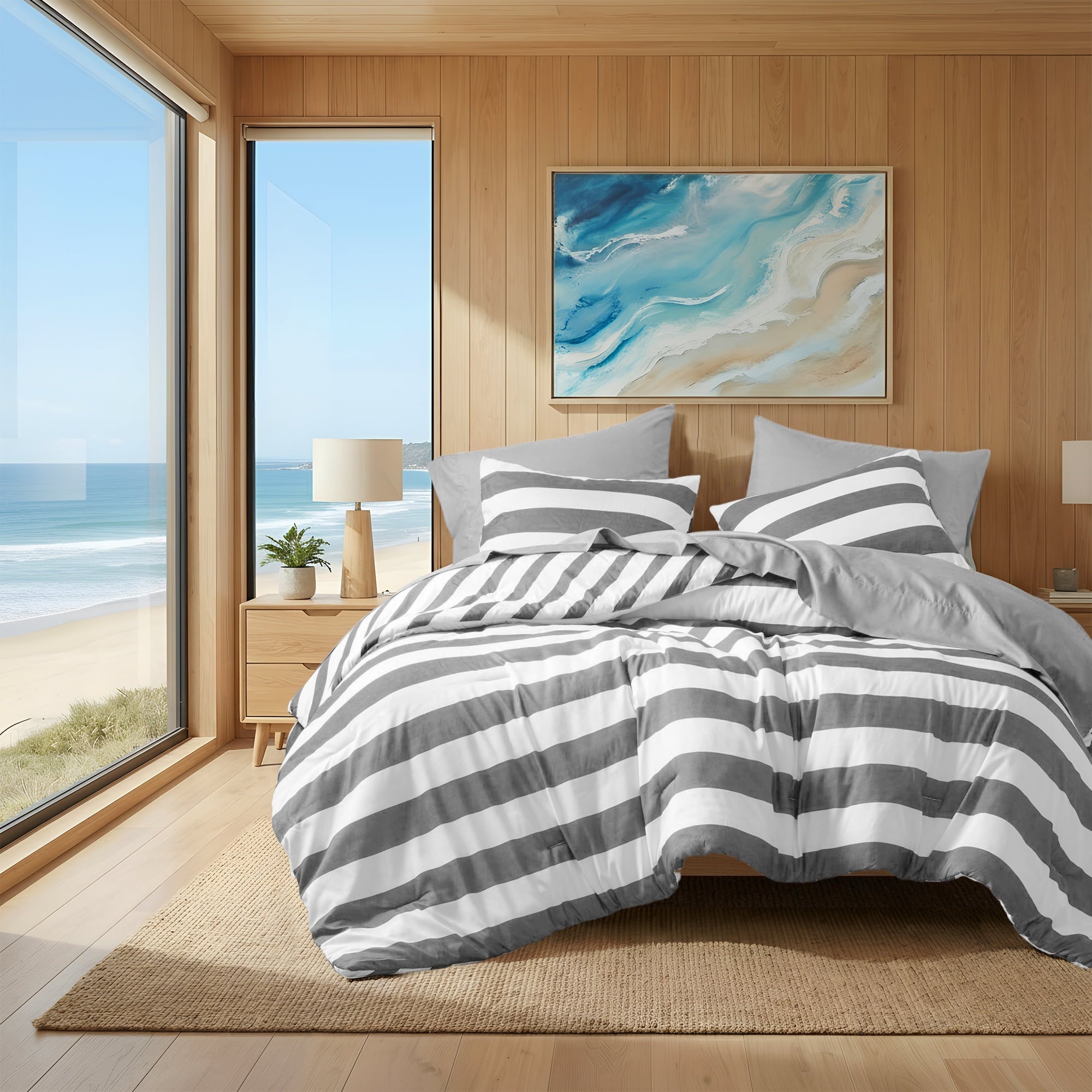 Luxurious Quilted Full/Queen Size Comforter Sets, 3-Piece Bedding Set Full/Queen, Reversible Striped Comforter Bed Set, Charcoal - Cloud-Like Soft Lightweight Bed Comforter - Default Title