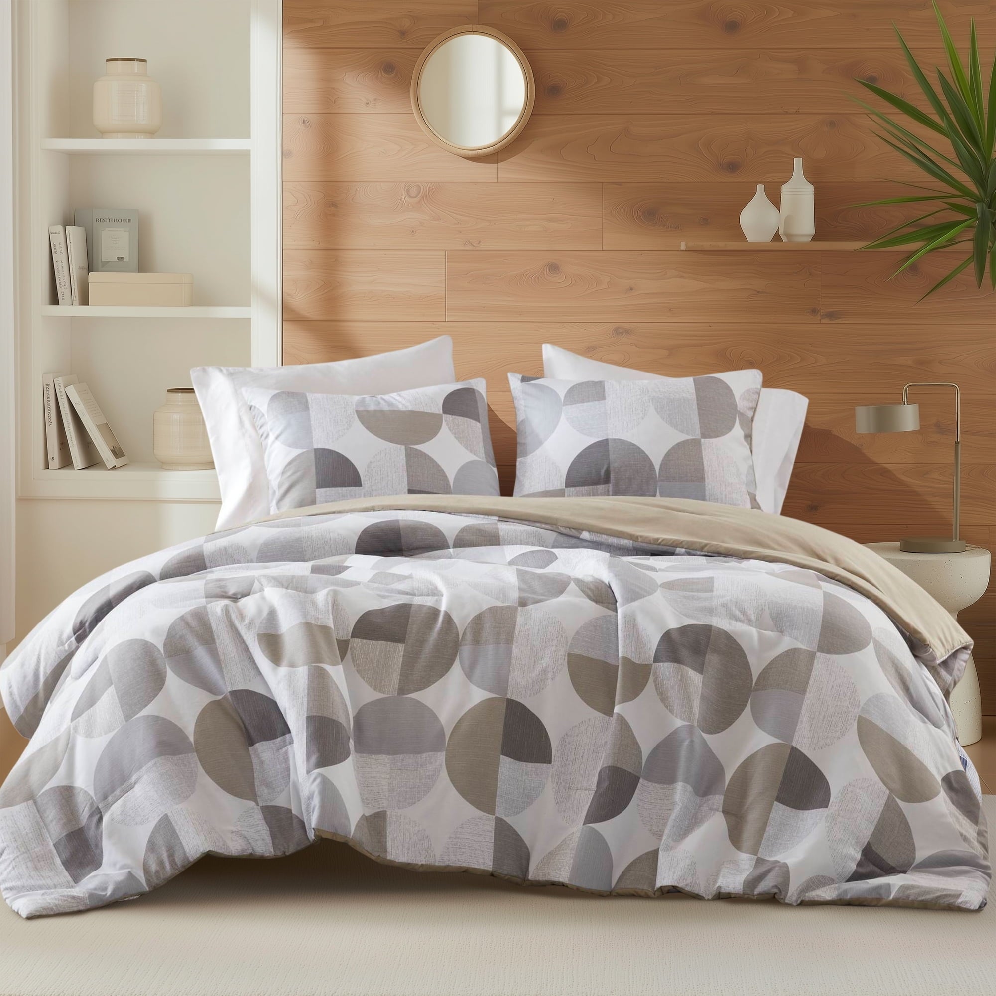 Heavyweight Warmth Full/Queen Size Comforter Set, Tan/Gray Bedding Set for All Seasons, 3-Piece Round Geometric Print Bedding Comforter Set - Cloud-Like Soft Lightweight Bed Comforter - Default Title