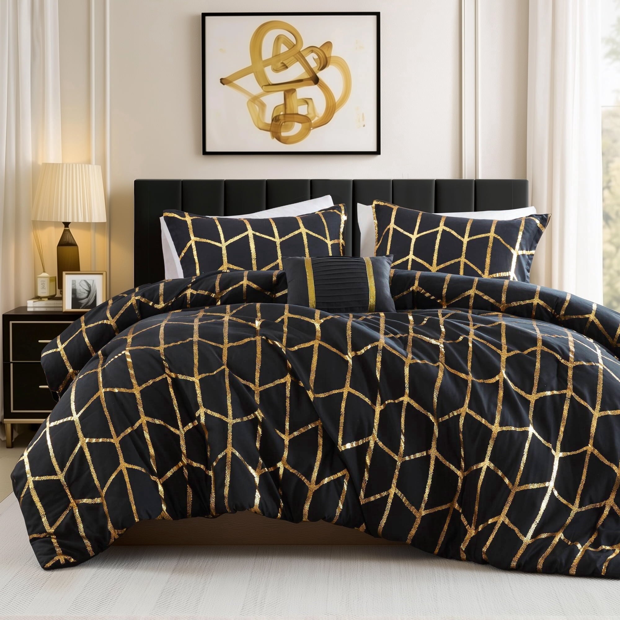 Heavyweight Warmth Full/Queen Size Comforter Set, 4-Piece Bedding Set for All Seasons, Geometric Metallic Comforter Bed Set with Decor P... - Cloud-Like Soft Lightweight Bed Comforter - Default Title