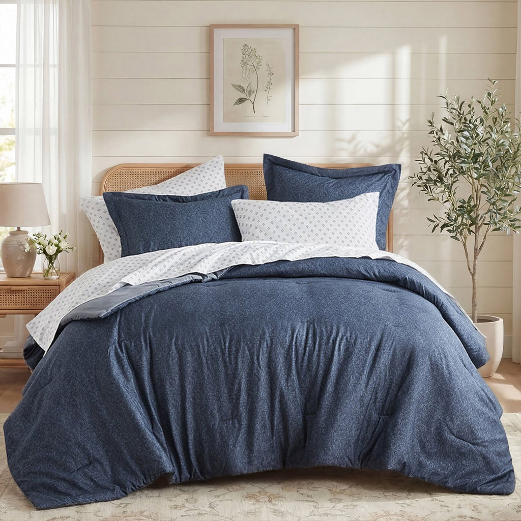 Fluffy Down Alternative Queen Size Comforter Set, 7-Piece Reversible Bed in a Bag with Sheets, Navy - All-Season Down Alternative Comforter Insert - Default Title