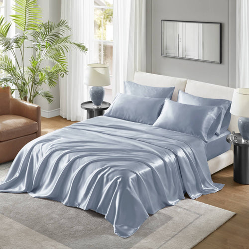 Cooling Sateen Satin Sheet Set, Twin Bed Sheets with Pillowcases, 4-Piece Luxury Silky Sheet Set, Blue, Gifts for Women - Luxury Bed Sheet Set with Deep Pockets - Default Title