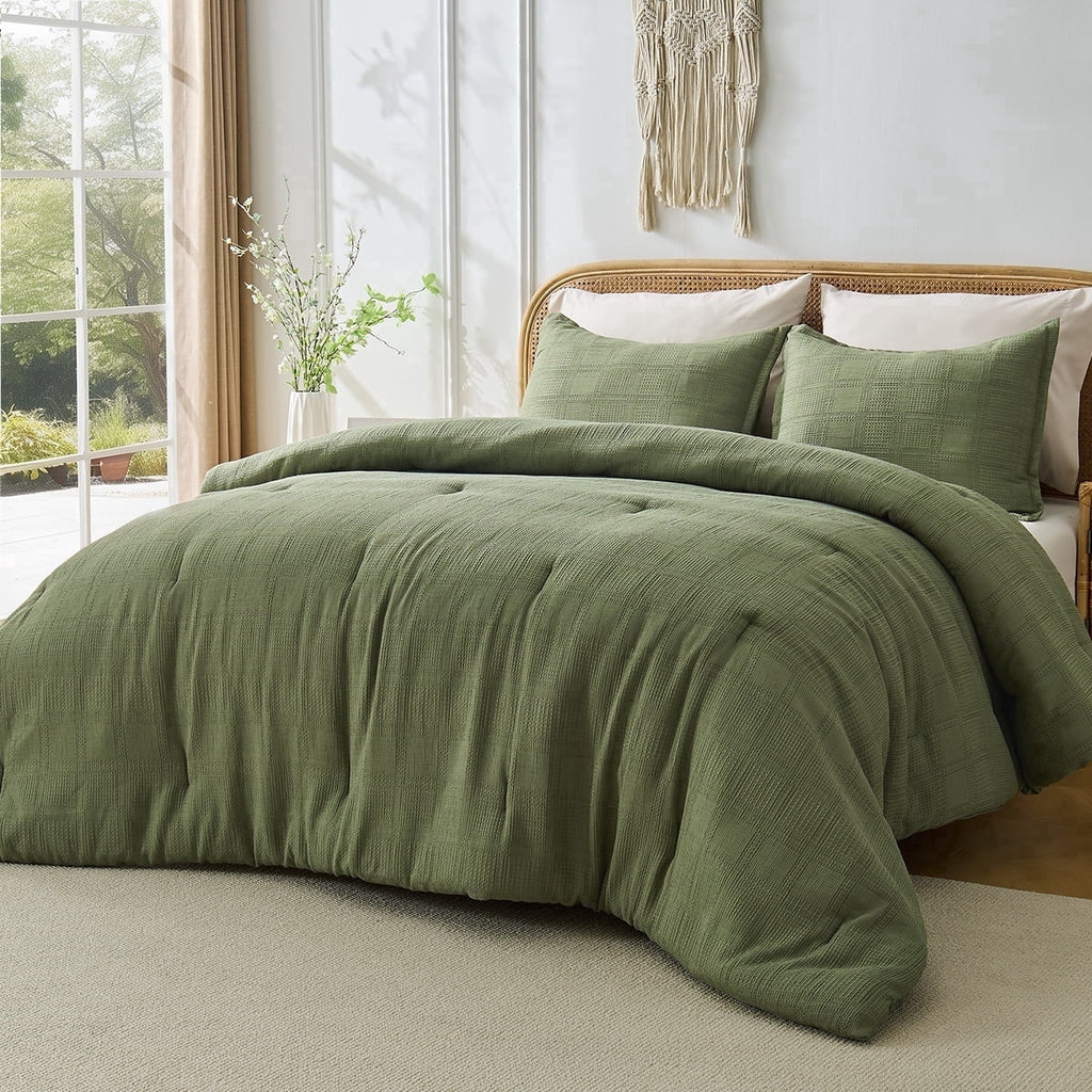 Fluffy Down Alternative Waffle Weave Comforter Set Full/Queen Size, Lightweight & Breathable Comforter Bet Set for All Season, 3-Piece Textur... - Luxurious Quilted Duvet Cover Set - Default Title