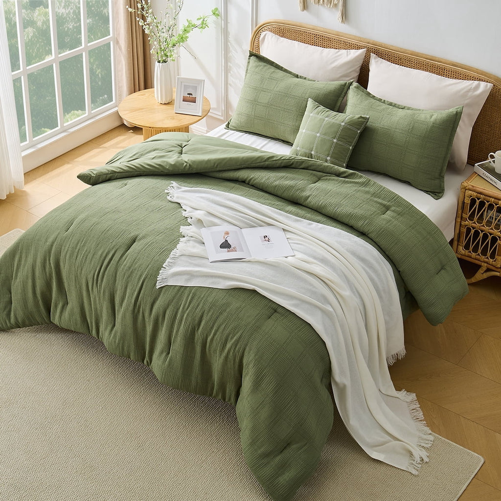 Hypoallergenic Cloud Waffle Weave Comforter Set with Throw Blanket for Couch, 5-Piece King/Cal King Size Lightweight Comforter Bet Set for... - Luxurious Quilted Duvet Cover Set - Default Title