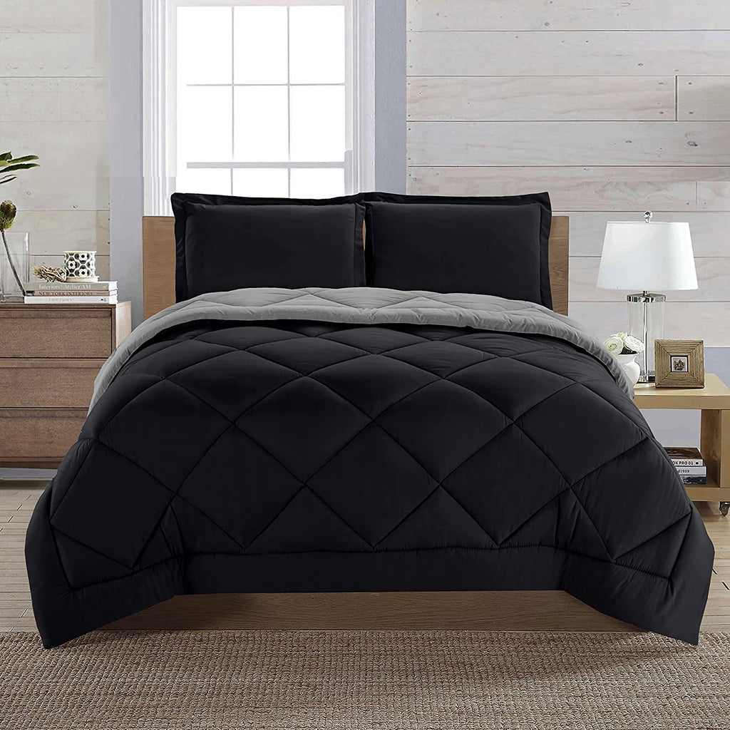 Hypoallergenic Cloud Reversible 3-Piece Comforter Set, Diamond Stitched, King, Black/Grey - Luxurious Quilted Duvet Cover Set - Default Title
