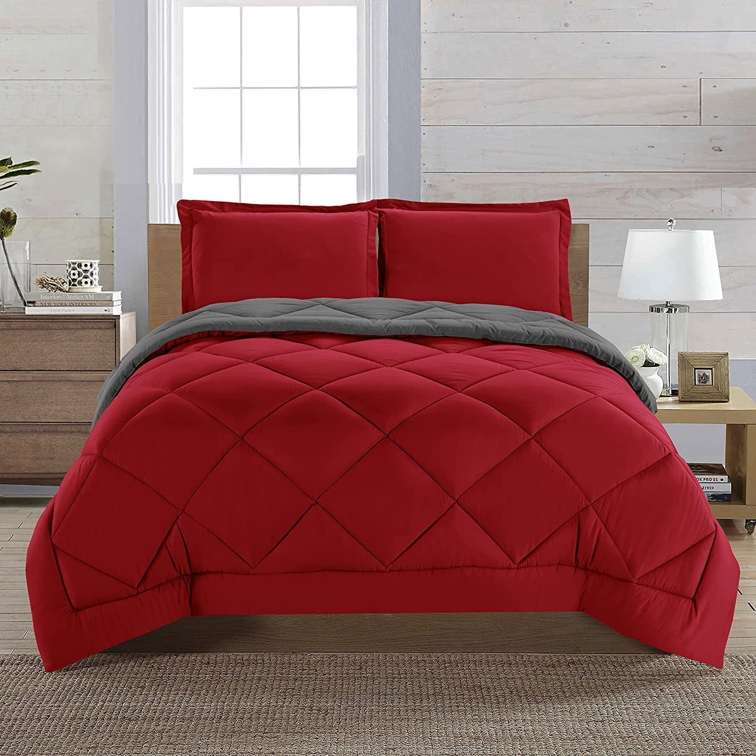 Hypoallergenic Cloud Reversible 3pc Comforter Set- Available In A Few Sizes And Colors , Full/Queen, Red/Gray - Luxurious Quilted Duvet Cover Set - Default Title