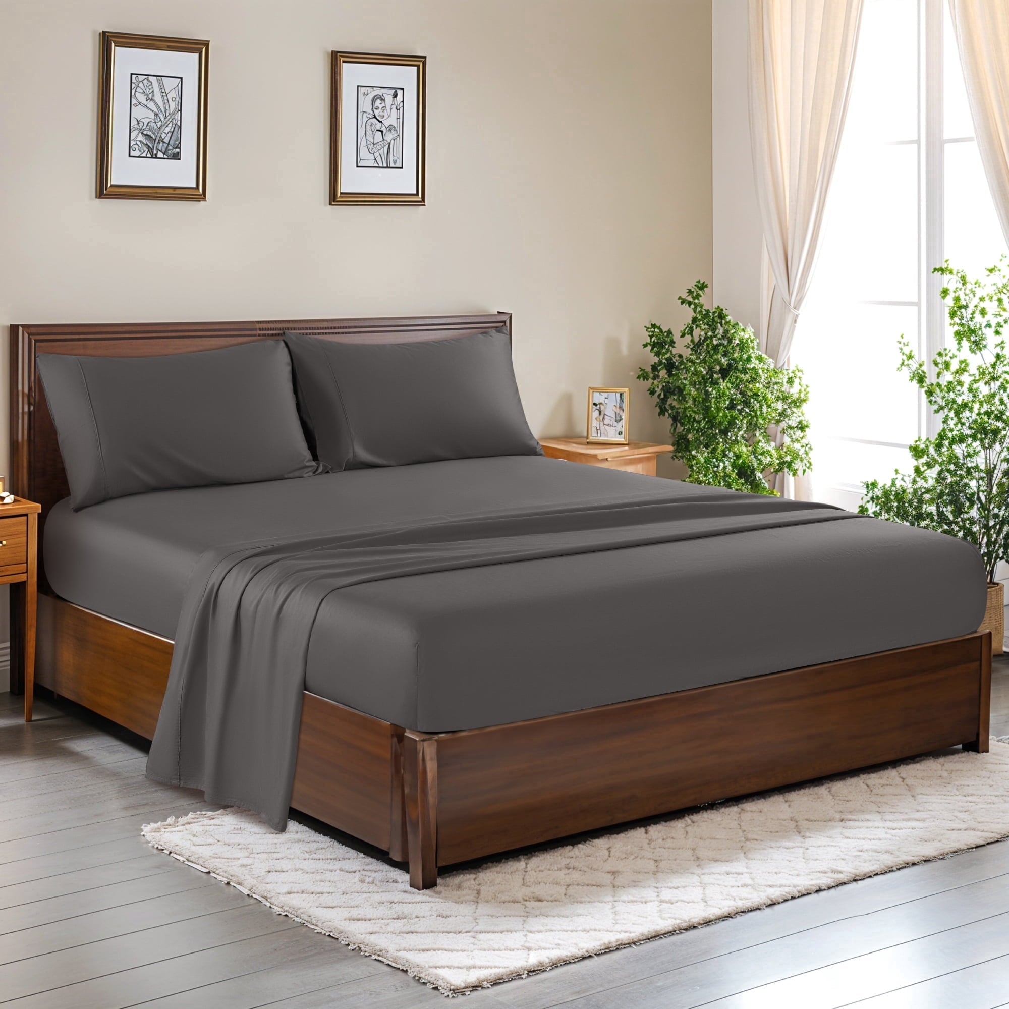 Cooling Sateen 100% Cotton Bed Sheets Set, 1000 Thread Count 4 Piece Luxury Soft Sheets Set with 16" Deep Pocket, Queen, Dark Gray - Luxury Bed Sheet Set with Deep Pockets - Default Title