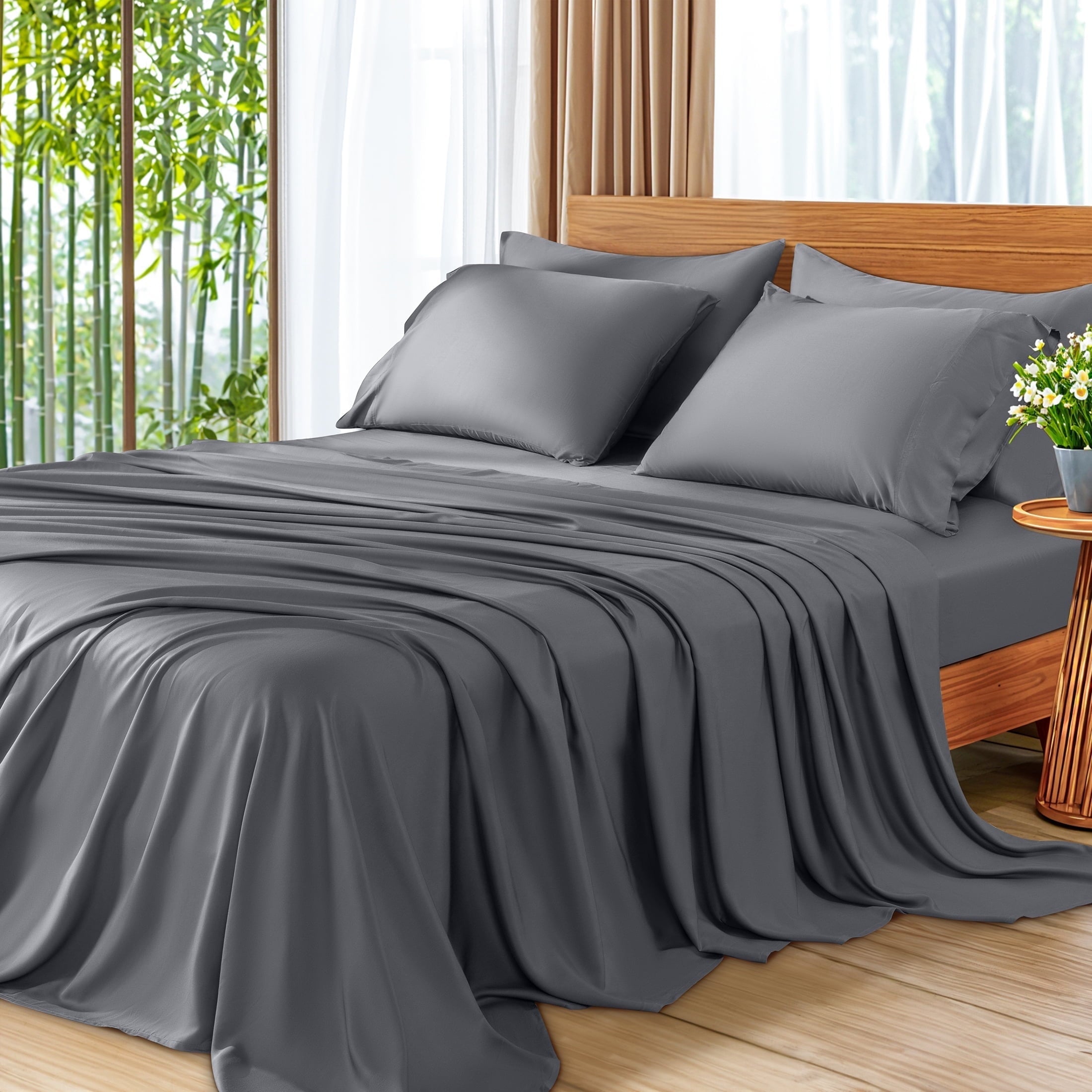 Cooling Sateen 6 Pieces Bamboo Bed Sheets Set, Luxury Rayon Derived - Deep Pockets - Wrinkle Free - Extremely Soft, Queen, Dark Gray - Premium Ultra-Soft Pillowcase Pair for Sleeping - Default Title