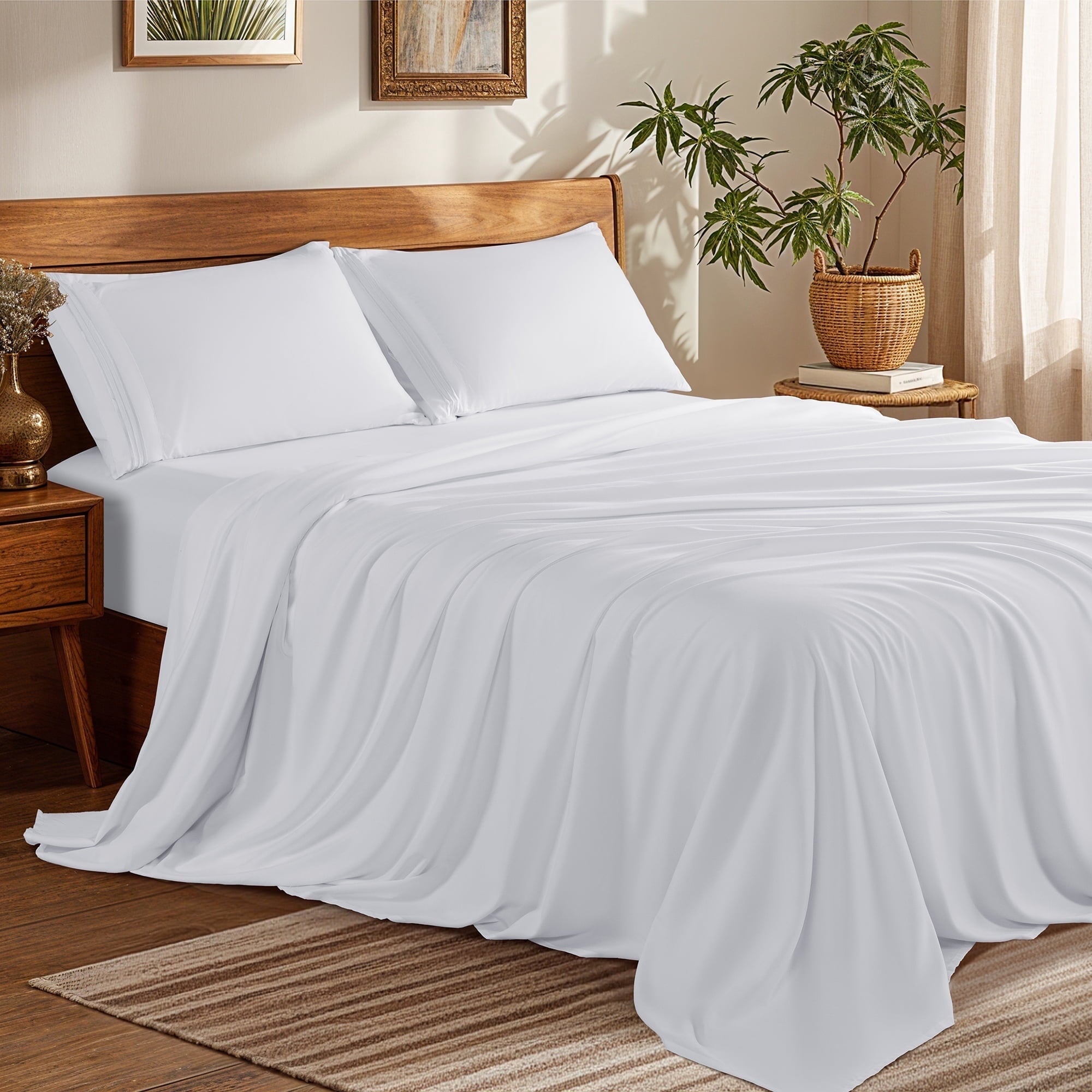 Wrinkle-Resistant Bed Sheets Set, Microfiber Deep Pocket 4 Pieces Luxury Soft Sheet Set, Queen, White - Cooling Hotel Quality Bedding Sheets and Pillowcases - Default Title