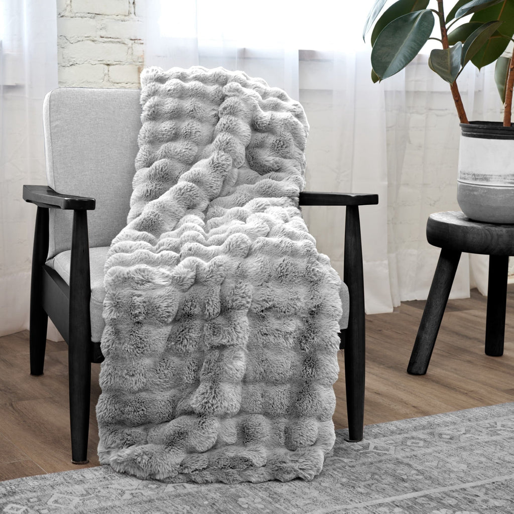 Decorative Knitted Serenade Gray Textured Faux Fur Throw Blanket, 50 x 70 - Super Soft Reversible Sherpa Flannel Blanket - Default Title