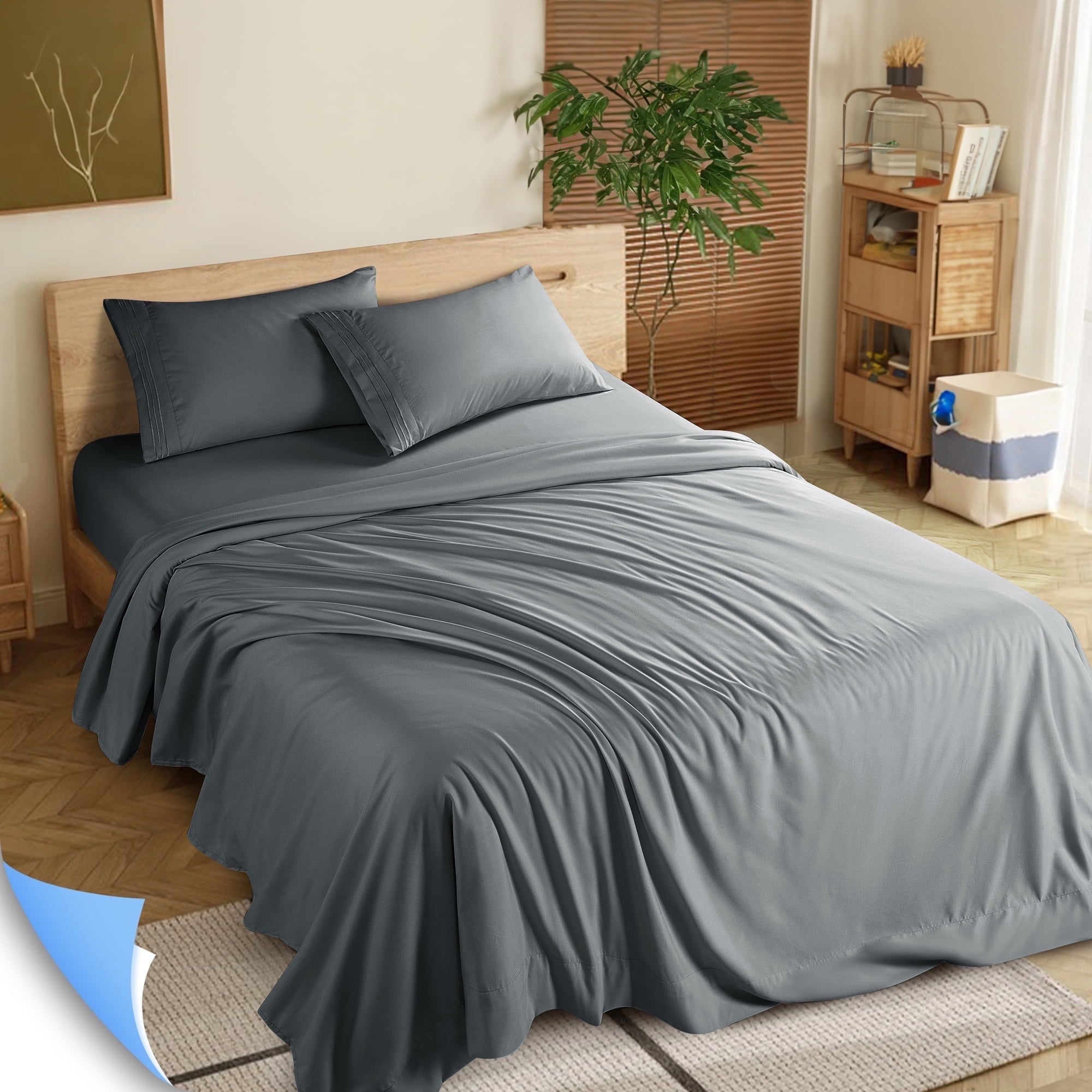 Wrinkle-Resistant Shilucheng 4 Pieces Luxury Bed Sheets Set, Plush Microfiber Bed Sheets, 16" Deep Pocket, Queen, Dark Gray - Breathable Egyptian Cotton Flat & Fitted Sheets - Default Title