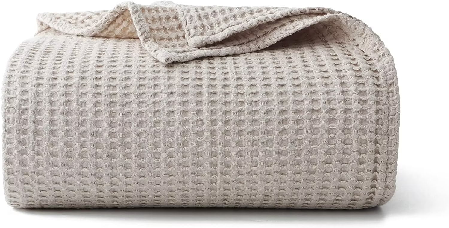 Decorative Knitted 100% Cotton Waffle Bed Blanket King Size, Throw Blanket for Couch All Seasons (Beige, 104x90) - Cozy Fleece Throw Blanket for Couch & Bed - Default Title