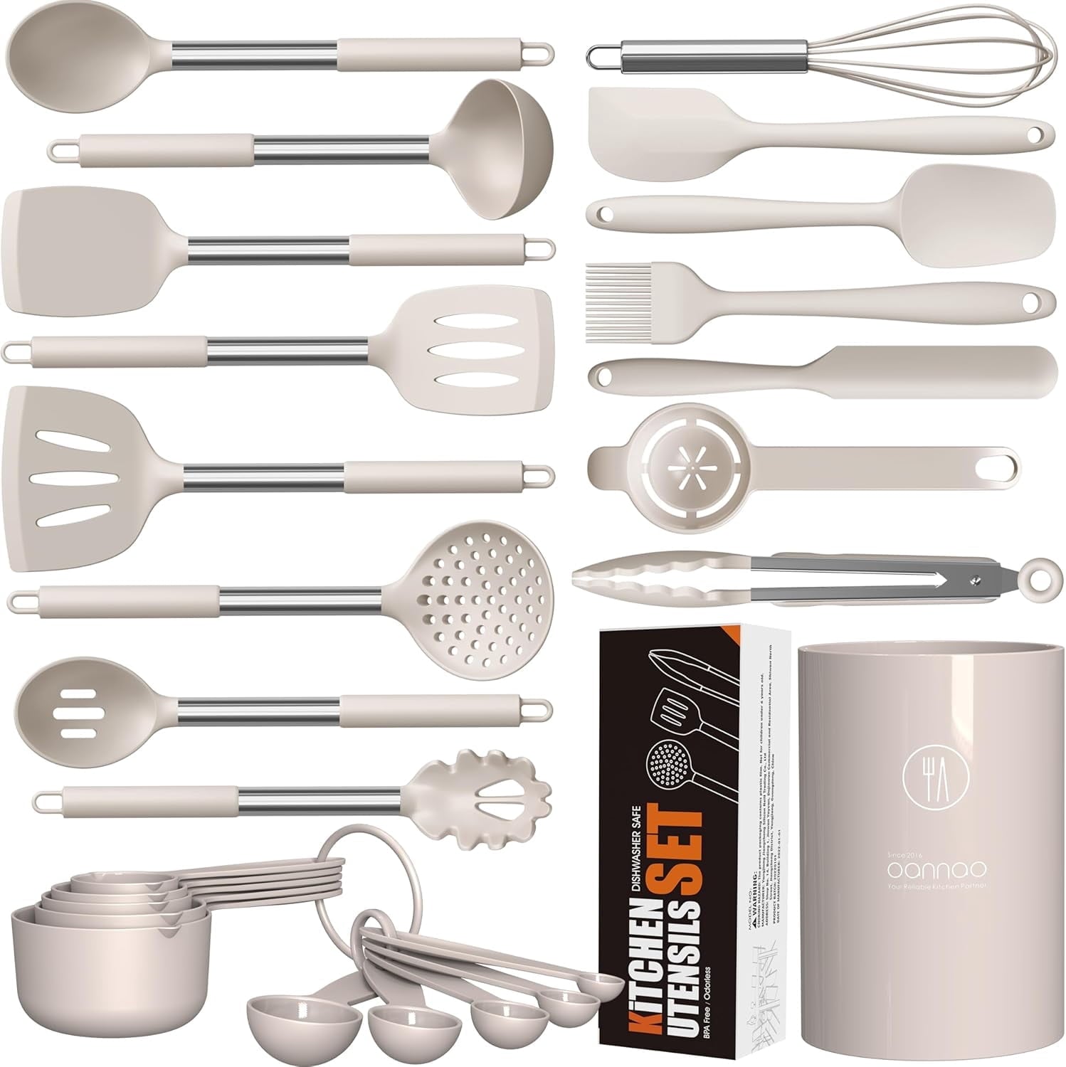 Premium Silicone Large Silicone Cooking Utensils Set - Heat Resistant Kitchen Utensils,Turner Tongs,Spatula,Spoon,Brush,Whisk,Stainles... - Premium Stainless Steel Cooking Utensil for Non-Stick Pots - Default Title