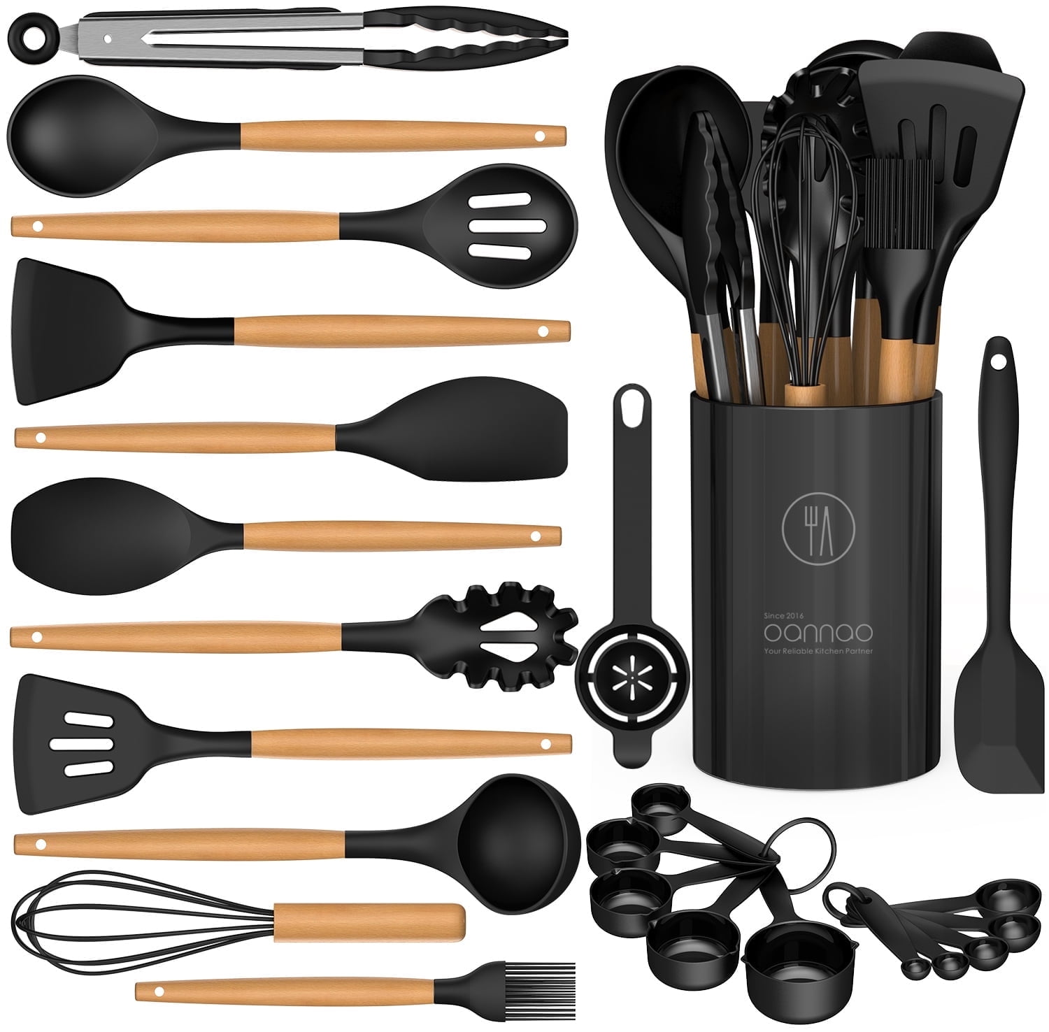 Premium Silicone Silicone Cooking Utensils Set - Silicone Kitchen Utensils for Cooking Wooden Handles, 446°F Heat Resistant Kitchen Ut... - Premium Stainless Steel Cooking Utensil for Non-Stick Pots - Default Title