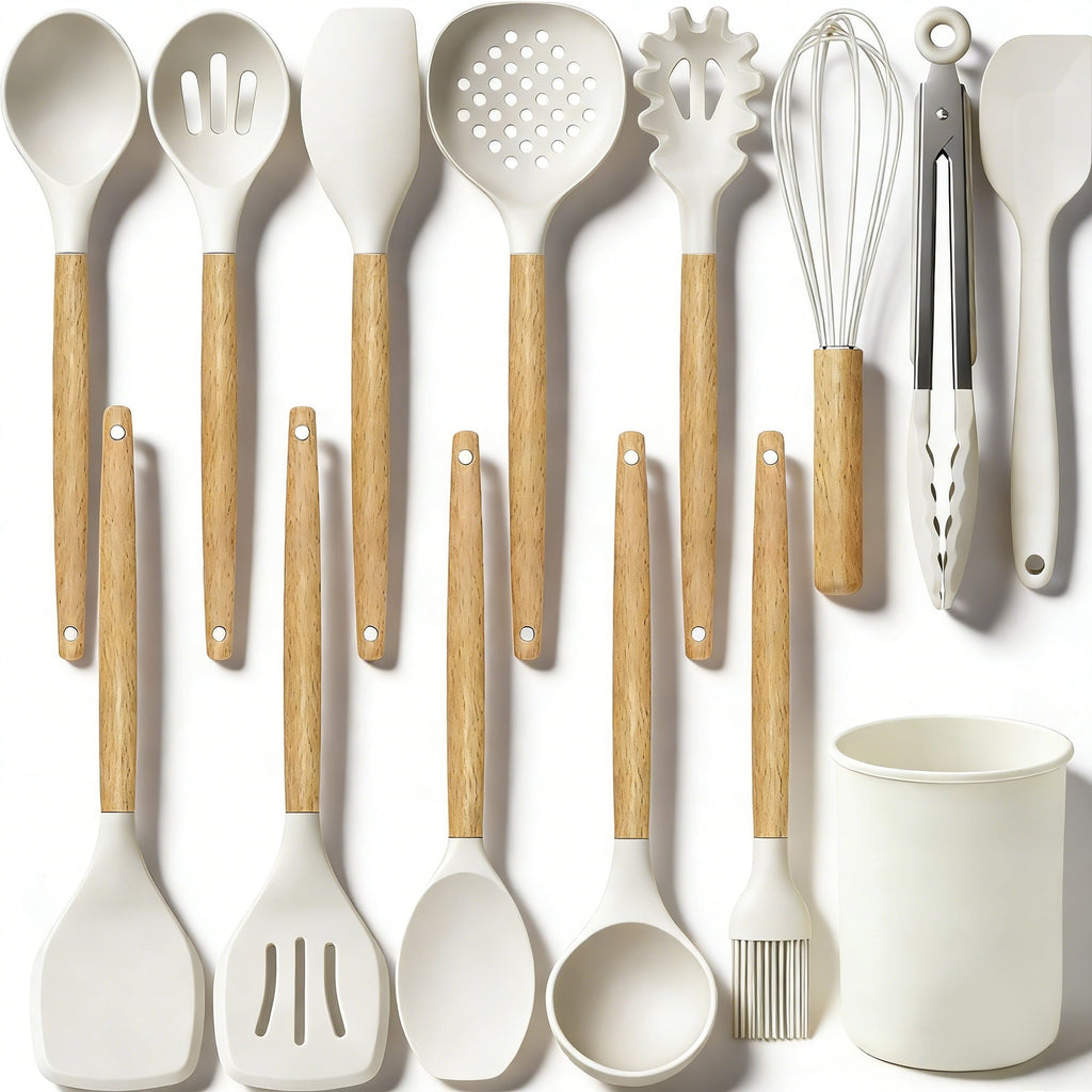Non-Stick Safe 14-Piece Silicone Cooking Utensils Set, Non-Stick Kitchen Utensil Set for Baking, Flipping, Mixing, White - Durable Turner & Ladle Utensil Set for Home Chefs - Default Title