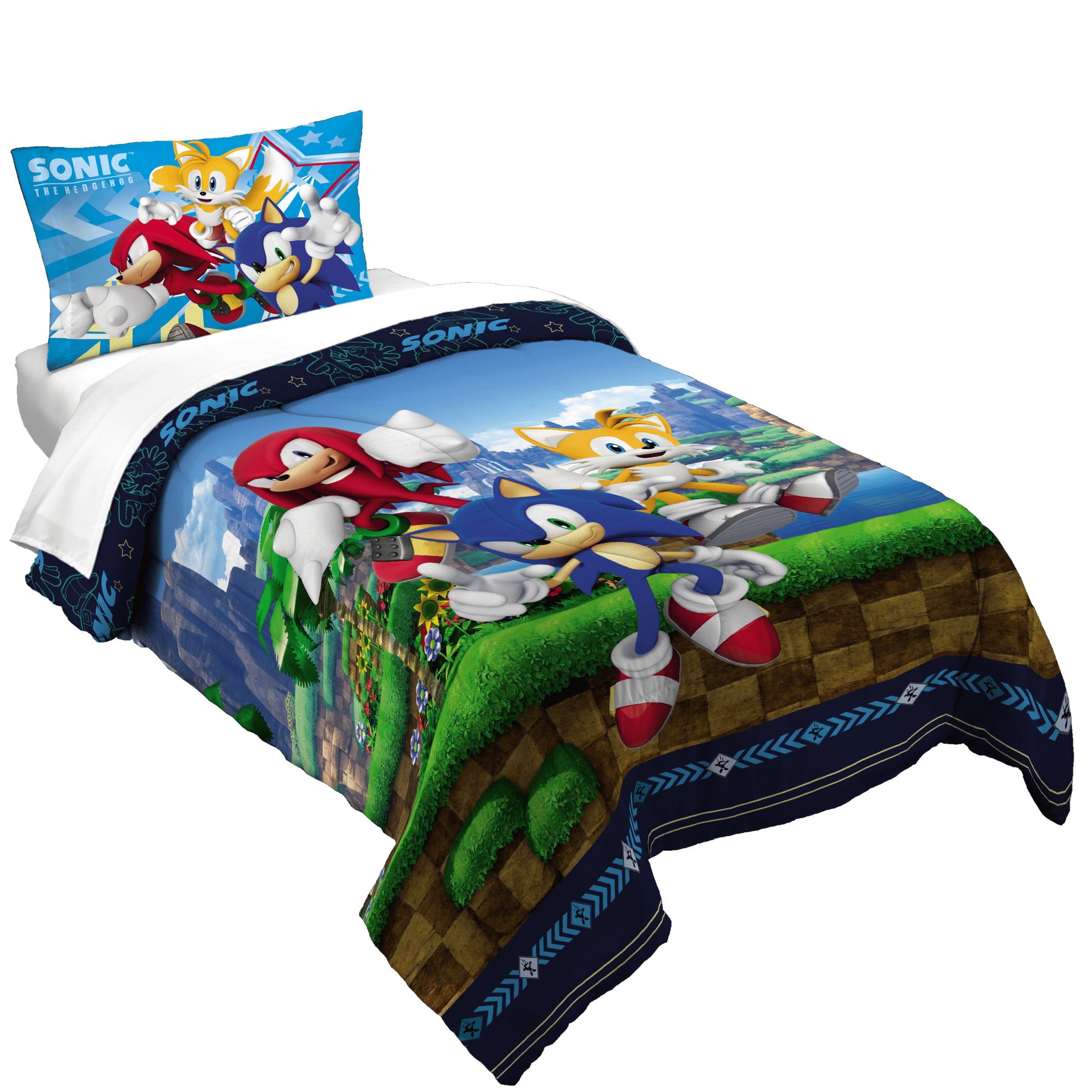 Hypoallergenic Cloud Sonic the Hedgehog Kids 2 Piece Blue Green Reversible Comforter and Pillowcase set, Twin/full - Hypoallergenic Ultra-Fluffy Quilt for Winter - Default Title