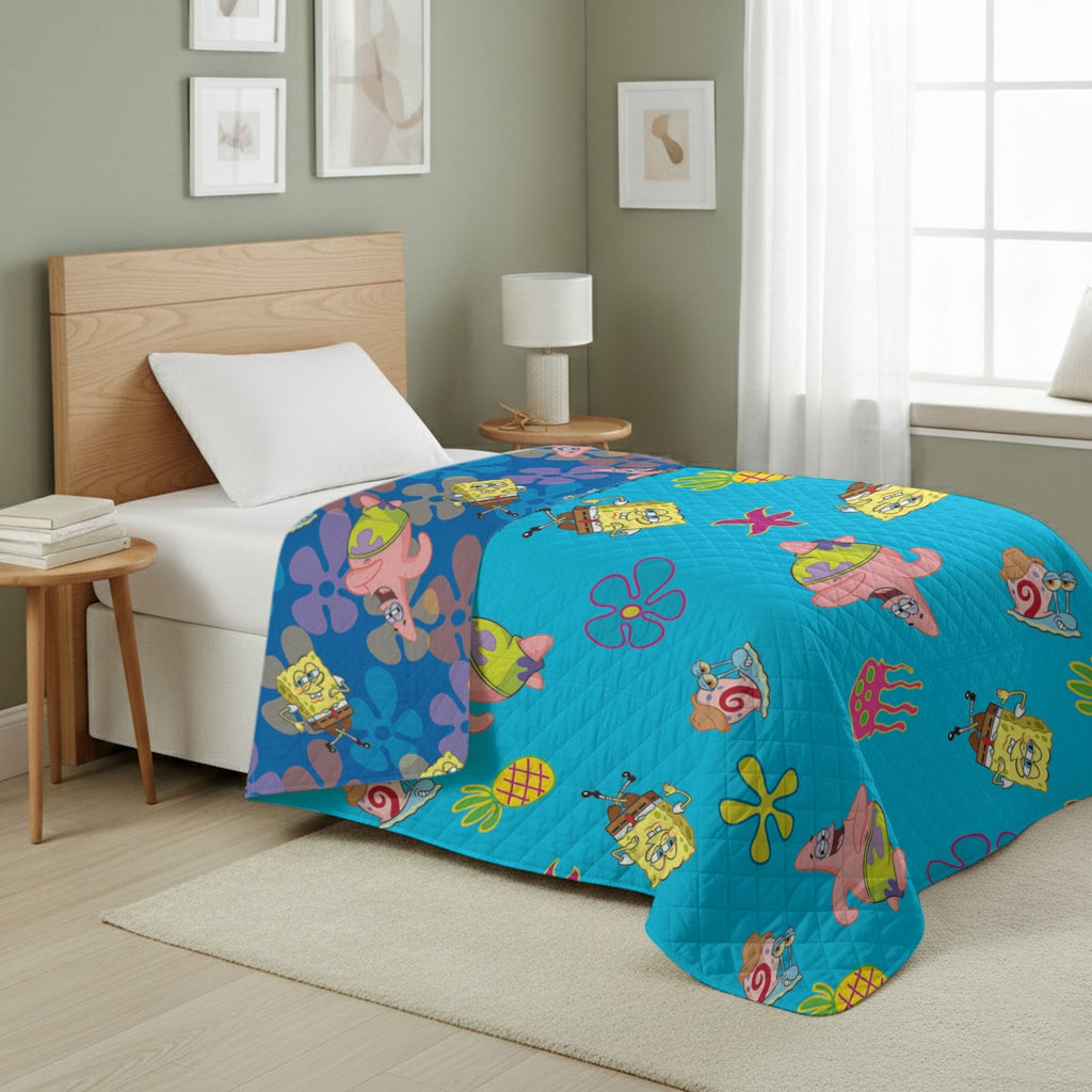 Reversible Sherpa Spongebob Tropical Waltz Quilted Throw Blanket 60x80 inches, Kids Character Bedding - Luxury Knitted Decorative Throw Blanket with Fringes - Default Title