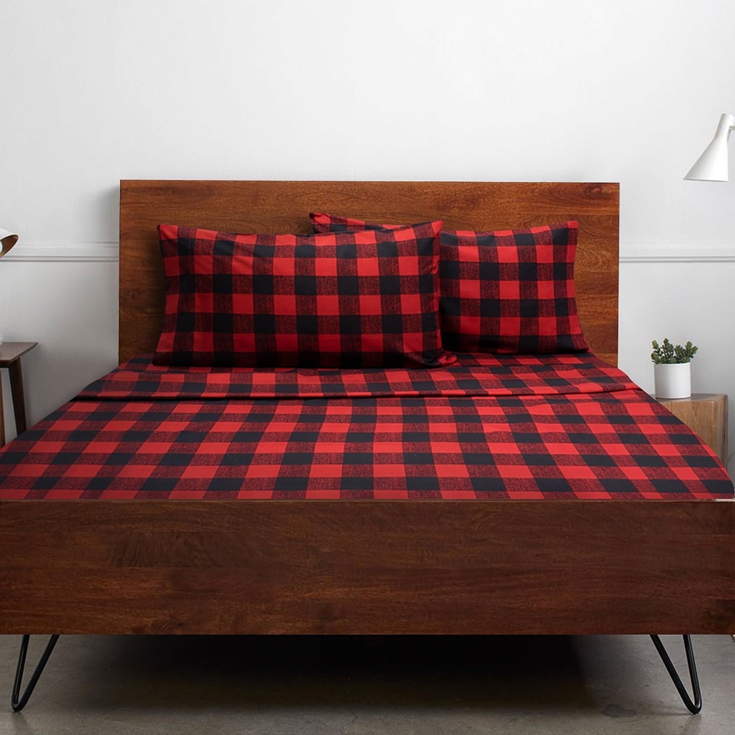 Premium Egyptian Cotton Buffalo Plaid Black and Red 4 Piece Bed Sheet Set - Twin - Breathable Egyptian Cotton Flat & Fitted Sheets - Default Title
