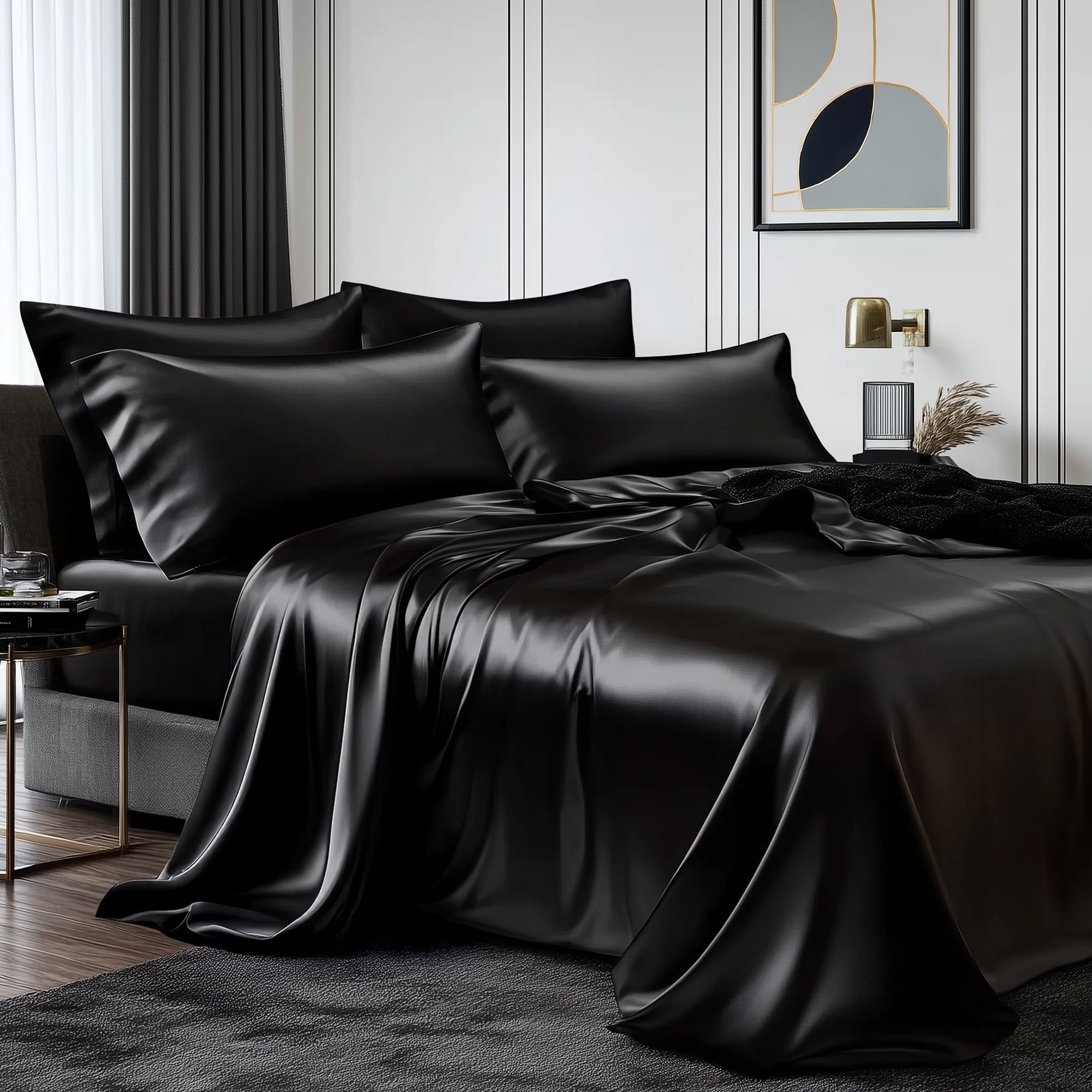 Wrinkle-Resistant Queen Silk Black Bed Sheet Set,4 Pieces 1800 Microfiber 2 Pillowcase 20"x30" - Cooling Hotel Quality Bedding Sheets and Pillowcases - Default Title