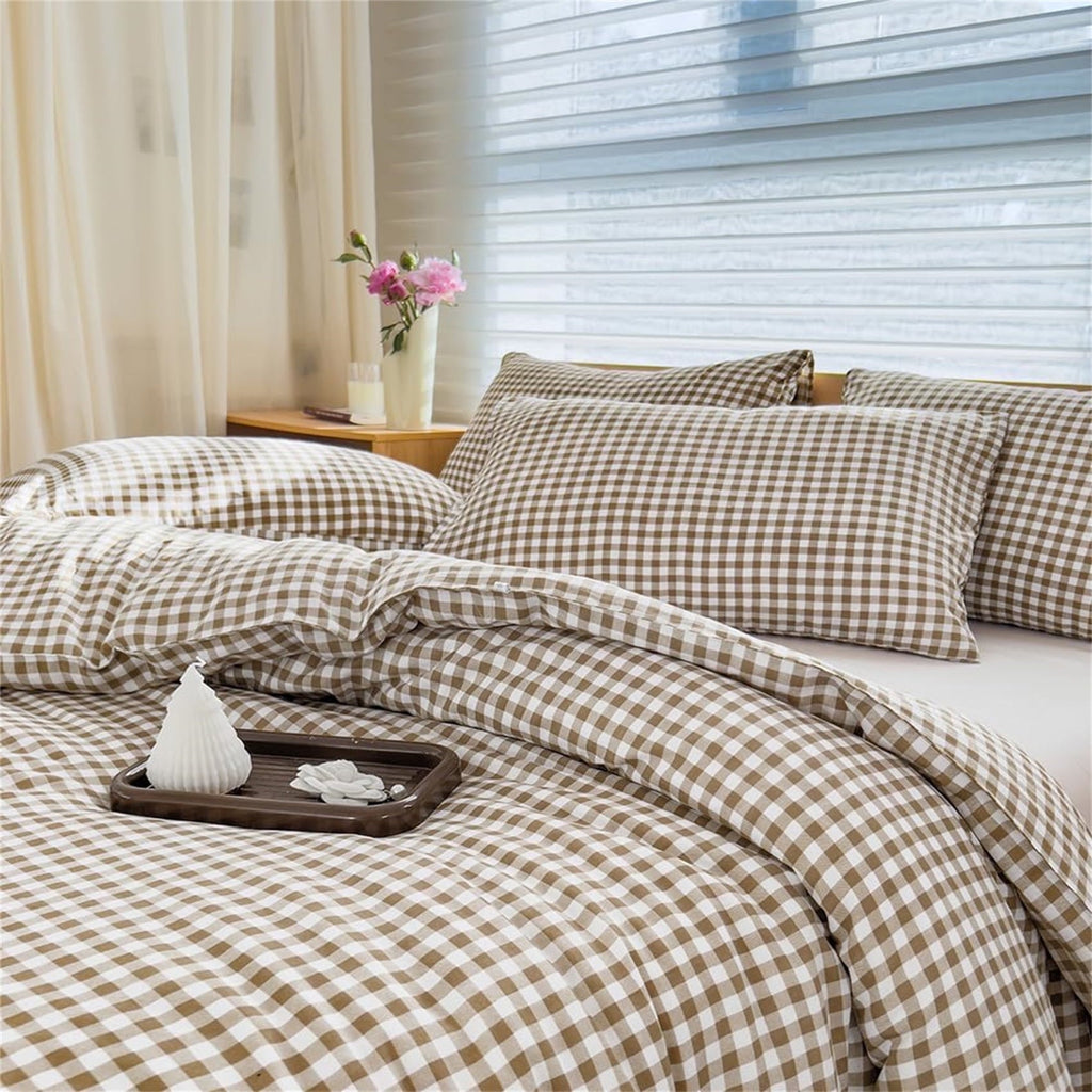 Luxurious Quilted Tan Gingham Queen Comforter Set, Taupe Plaid Bedding Set, Checked Bed Comforter 3 Pieces(Tan Gingham, Queen) - Hypoallergenic Ultra-Fluffy Quilt for Winter - Default Title