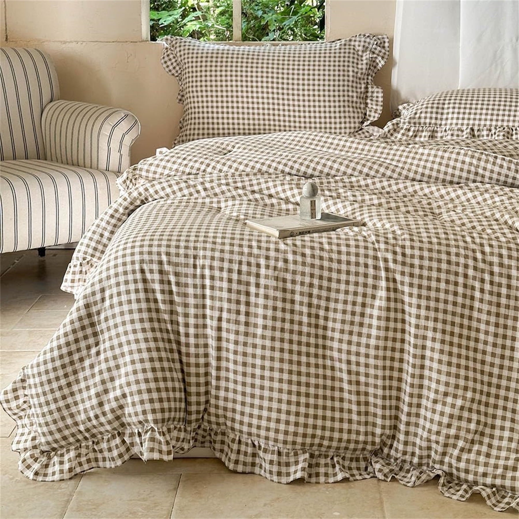 Luxurious Quilted Tan Gingham Ruffle Queen Comforter Set, Taupe Ruffled Plaid Bedding Set, Ruffled Checked Bed Comforter 3 Pieces(Tan G... - Hypoallergenic Ultra-Fluffy Quilt for Winter - Default Title