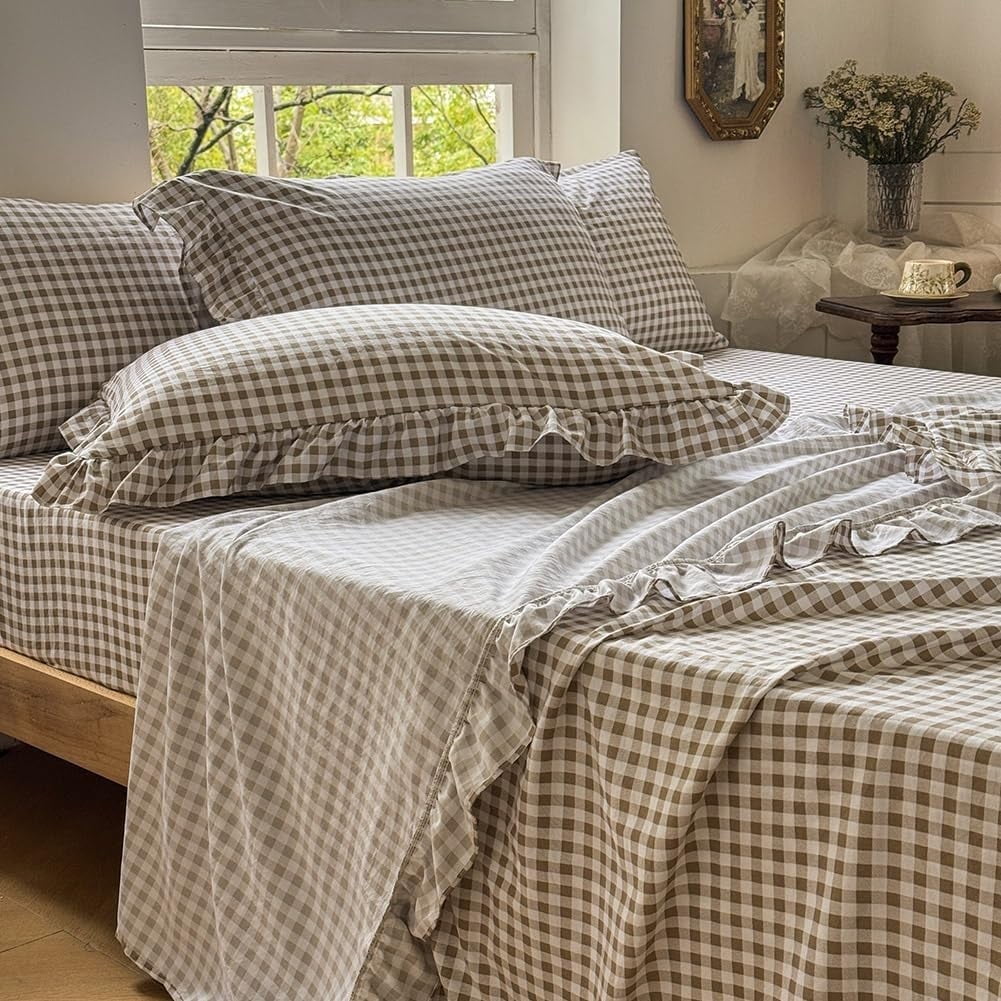 Ultra-Soft Tan Gingham Ruffle Queen Sheet Set, Taupe Soft Pre-Washed Microfiber Plaid Ruffled Queen Bed Sheets, 4-Pieces Farmhou... - Premium Ultra-Soft Pillowcase Pair for Sleeping - Default Title