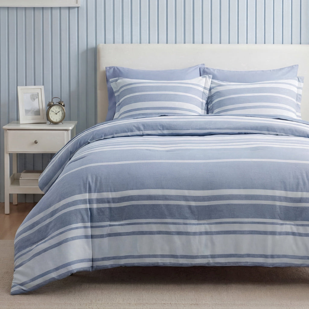Luxurious Quilted Queen Comforter Set Blue, Bed in a Bag Queen Size Bedding 7-Pieces, Striped Bedding Set for All Seasons - Luxurious Quilted Duvet Cover Set - Default Title