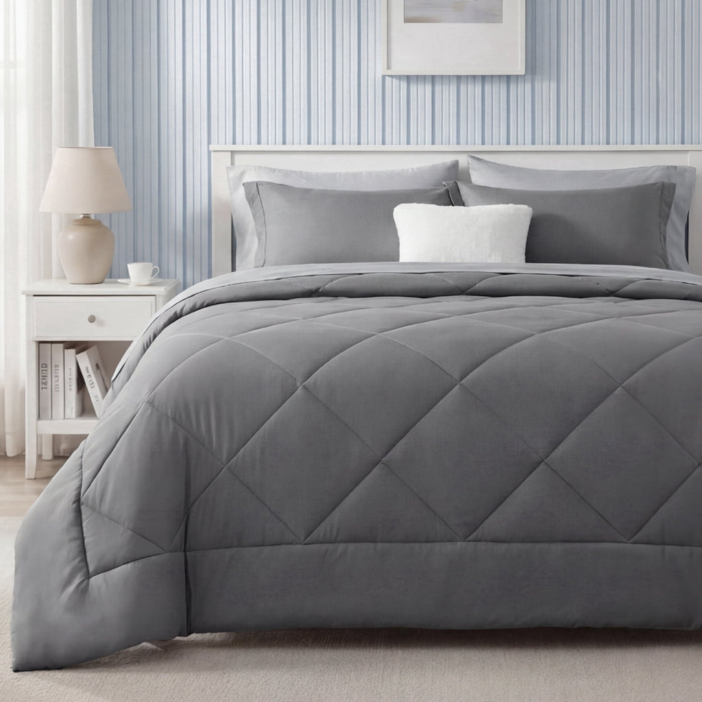 All-Season Queen Reversible Comforter Set - 7 Pieces Grey Bedding, Bed in a Bag with Alternative Comforter, Sheets, Pillowcases ... - All-Season Down Alternative Comforter Insert - Default Title
