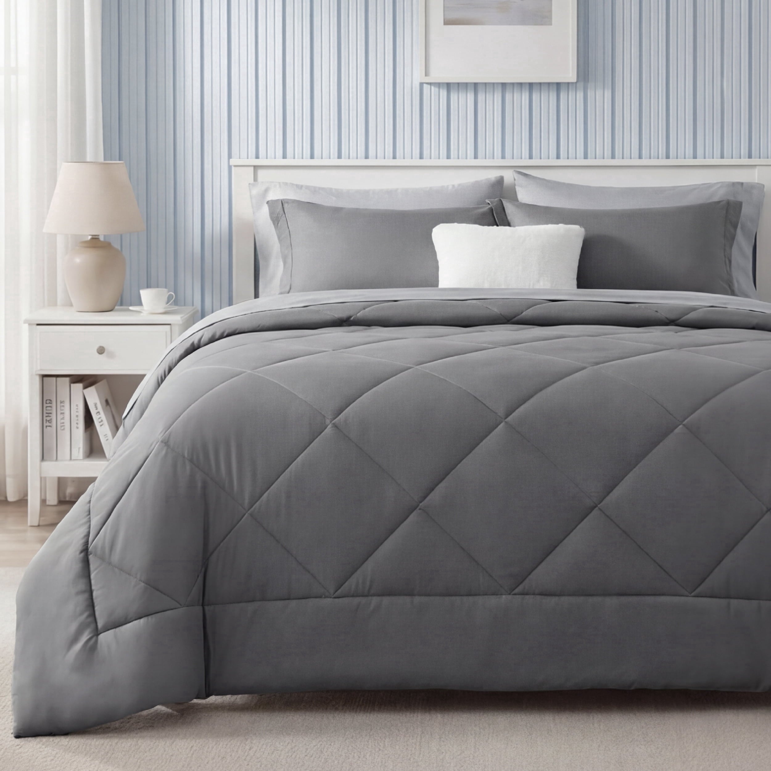 All-Season Queen Reversible Comforter Set - 7 Pieces Grey Bedding, Bed in a Bag with Alternative Comforter, Sheets, Pillowcases ... - All-Season Down Alternative Comforter Insert - Default Title