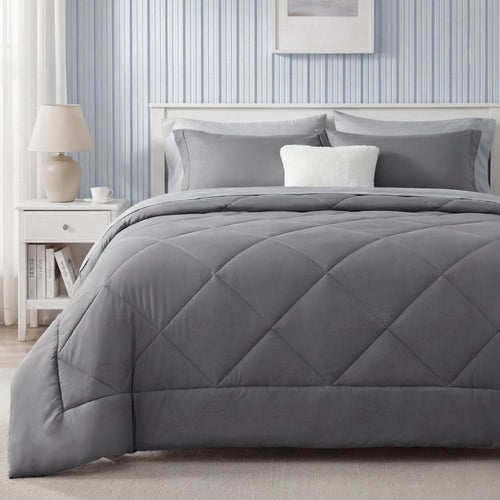 All-Season Queen Reversible Comforter Set - 7 Pieces Grey Bedding, Bed in a Bag with Alternative Comforter, Sheets, Pillowcases ... - All-Season Down Alternative Comforter Insert - Default Title