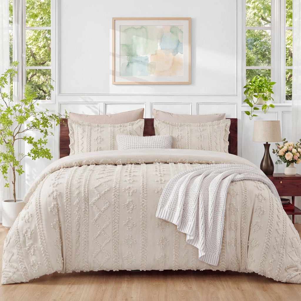 Hypoallergenic Cloud Tufted Boho Comforter Set Queen, Beige, 3 Pieces Farmhouse Shabby Chic Embroidery Bedding Set, Soft Jacquard Comforte... - Cloud-Like Soft Lightweight Bed Comforter - Default Title