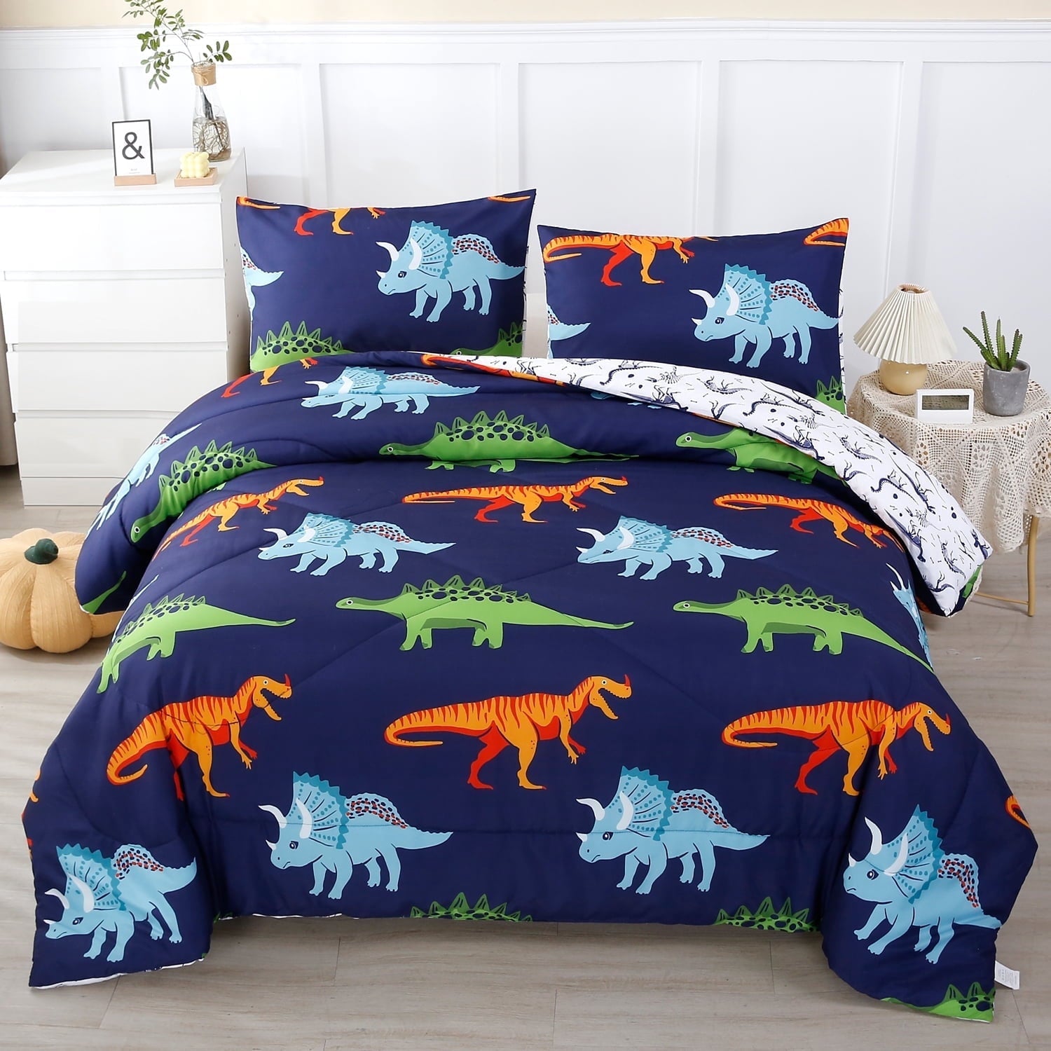 All-Season 3 Pcs Dinosaur Twin Size Bedding Sets for Boys, Dinosaur Printing Boys Comforter Set, Blue and White Reversible Bed C... - All-Season Down Alternative Comforter Insert - Default Title