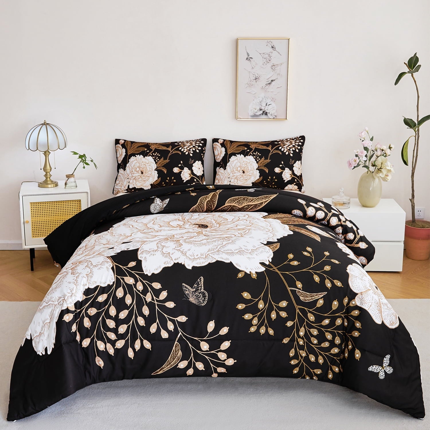 Heavyweight Warmth Black Floral Comforter Set Queen, Printed Comforter White Flowers Butterfly Bedding Set, 3 Pieces Botanical Reversibl... - All-Season Down Alternative Comforter Insert - Default Title