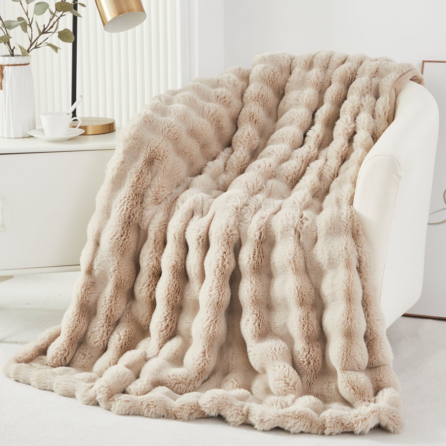 Cozy Fleece Taupe Faux Fur Bubble Blankets for Couch Chair Sofa Luxury Fluffy Thick Bubble Throw Blanket Furry Blanket Fuzzy Soft... - Lightweight Plush Warm Blanket for All Seasons - Default Title
