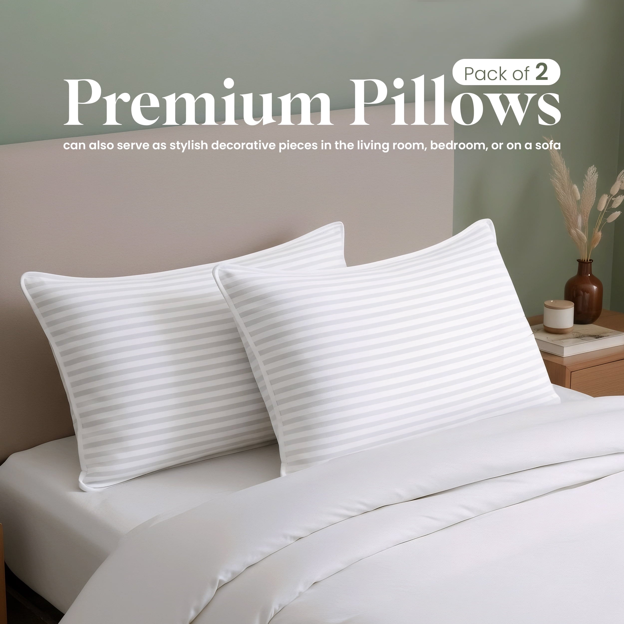 Fluffy Shredded Bed Pillow with White Stripes - Set of 2 - Ultra Cozy & Relaxing For Adults, (Queen, 28"L x 20" W) - Decorative Throw Pillow Cushion for Sofa & Bed - Default Title